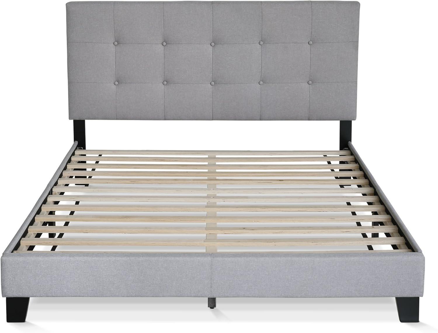 Furinno Full/Queen Size Upholstered Bed Frame Button Tufted Headboard Bedframe 12PC Slat Mattress Foundation,Gray