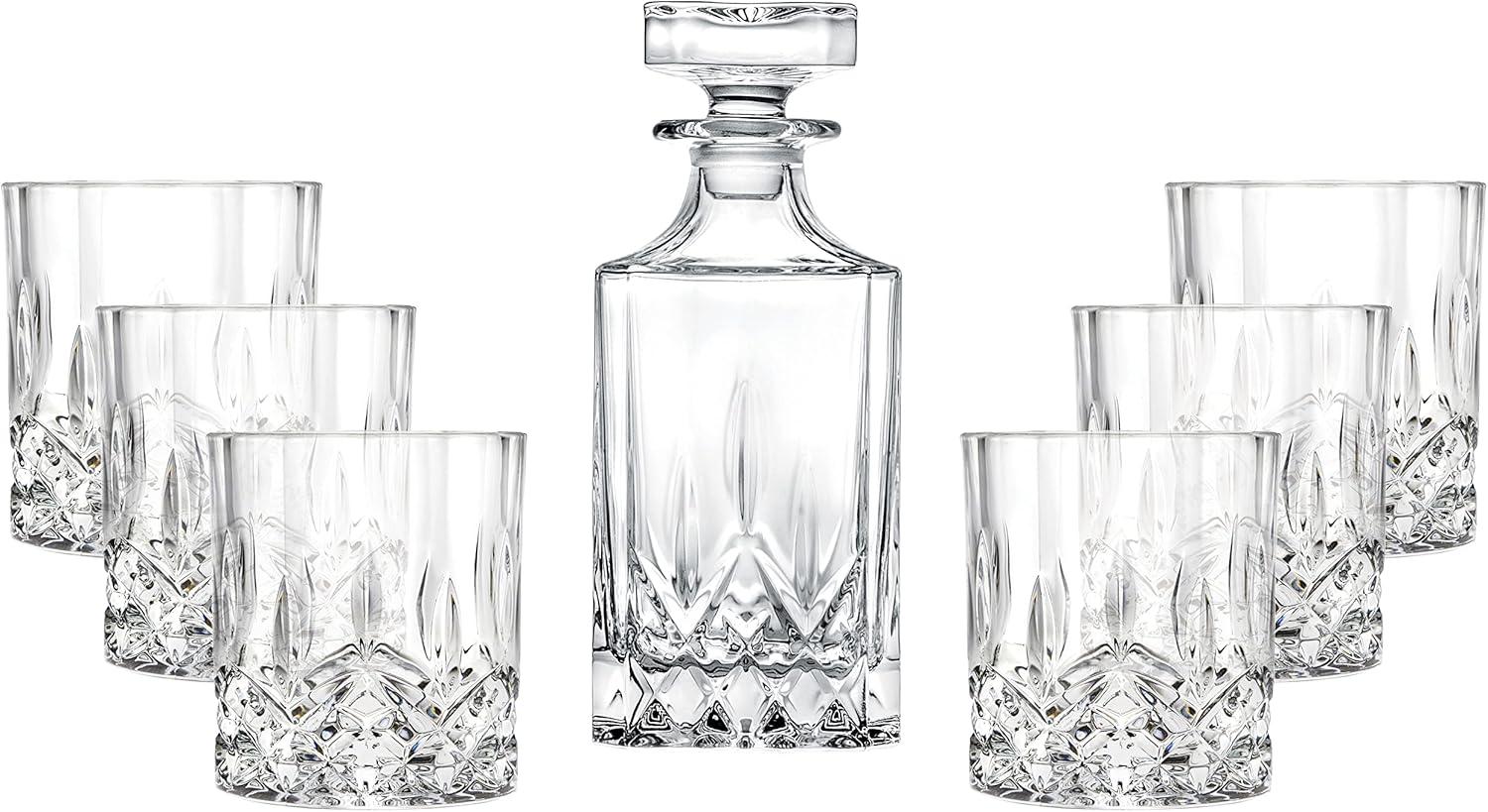 Whiskey Decanter And Glass 7 Pc Set - For Whiskey , Liquor , Scotch , Bourbon - Lead Free Crystal - 25 Oz. Square Decanter With 6 - 10 Oz. Double Old Fashioned Tumblers- By Majestic Gifts Inc. - Made In Europe (Set of 7)