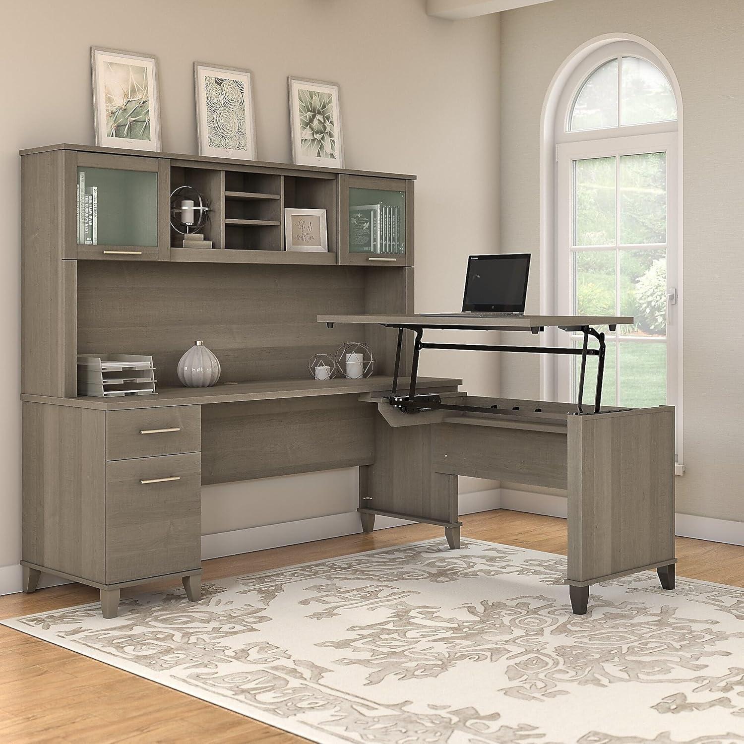 Bush Furniture Somerset 72W Sit to Stand L Desk with Hutch in Hansen Cherry