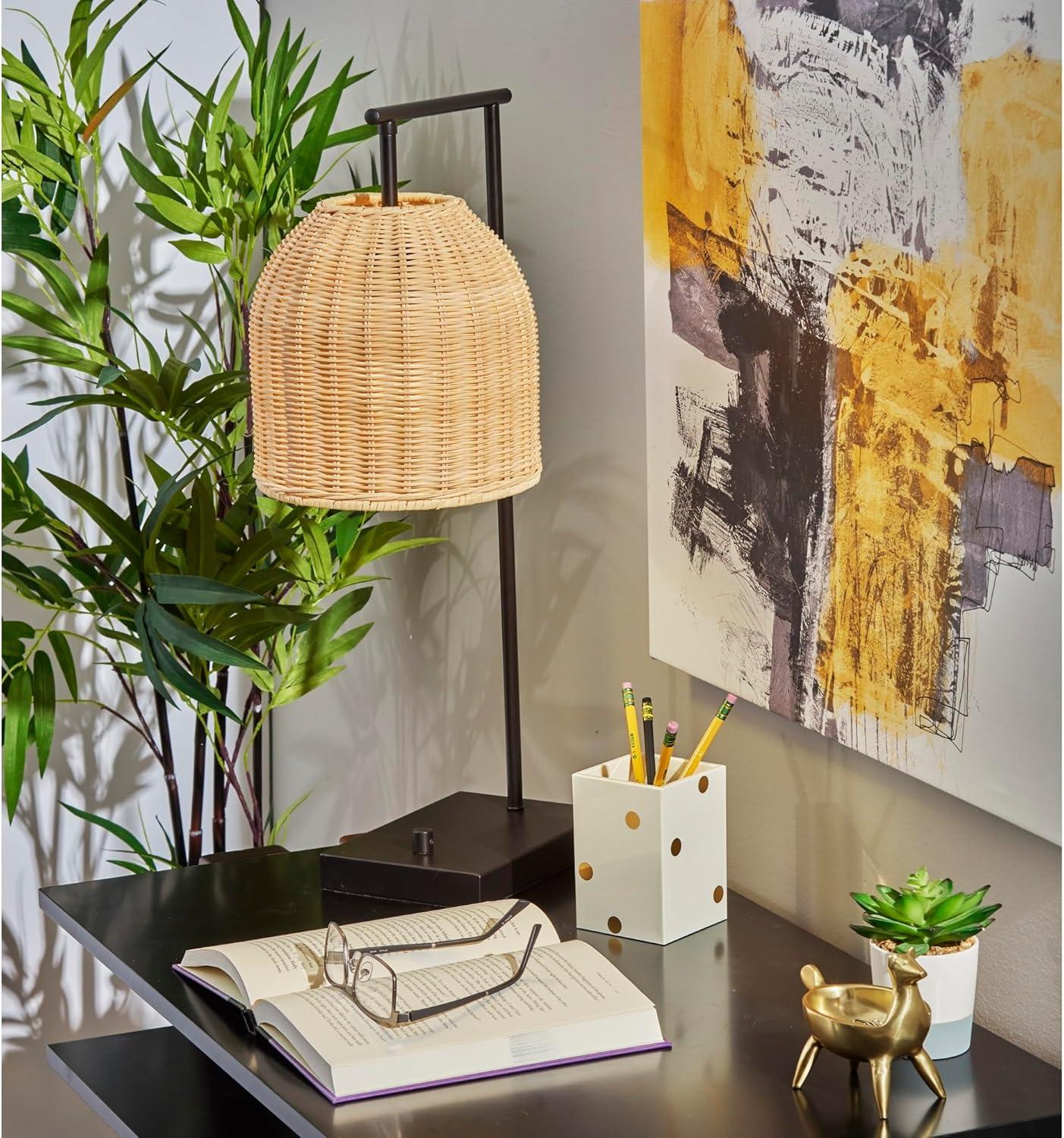 Adesso Bahama Table Lamp Dark Bronze: Inverted Basket Shape, Rattan Shade, ETL Listed, No Assembly Required