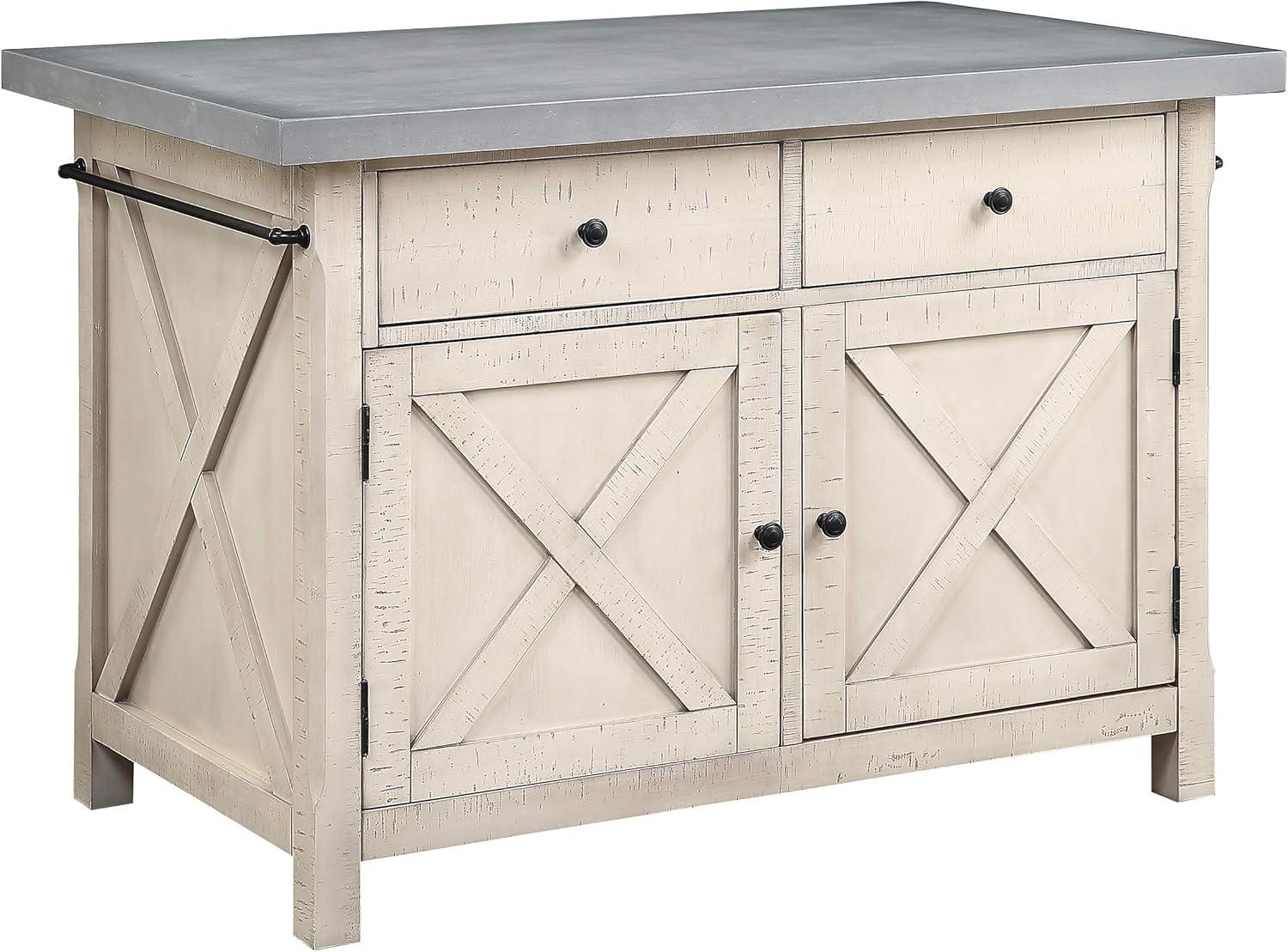 OSP Furniture Nashville Kitchen Island with Cement like Grey Top and 2 Stools