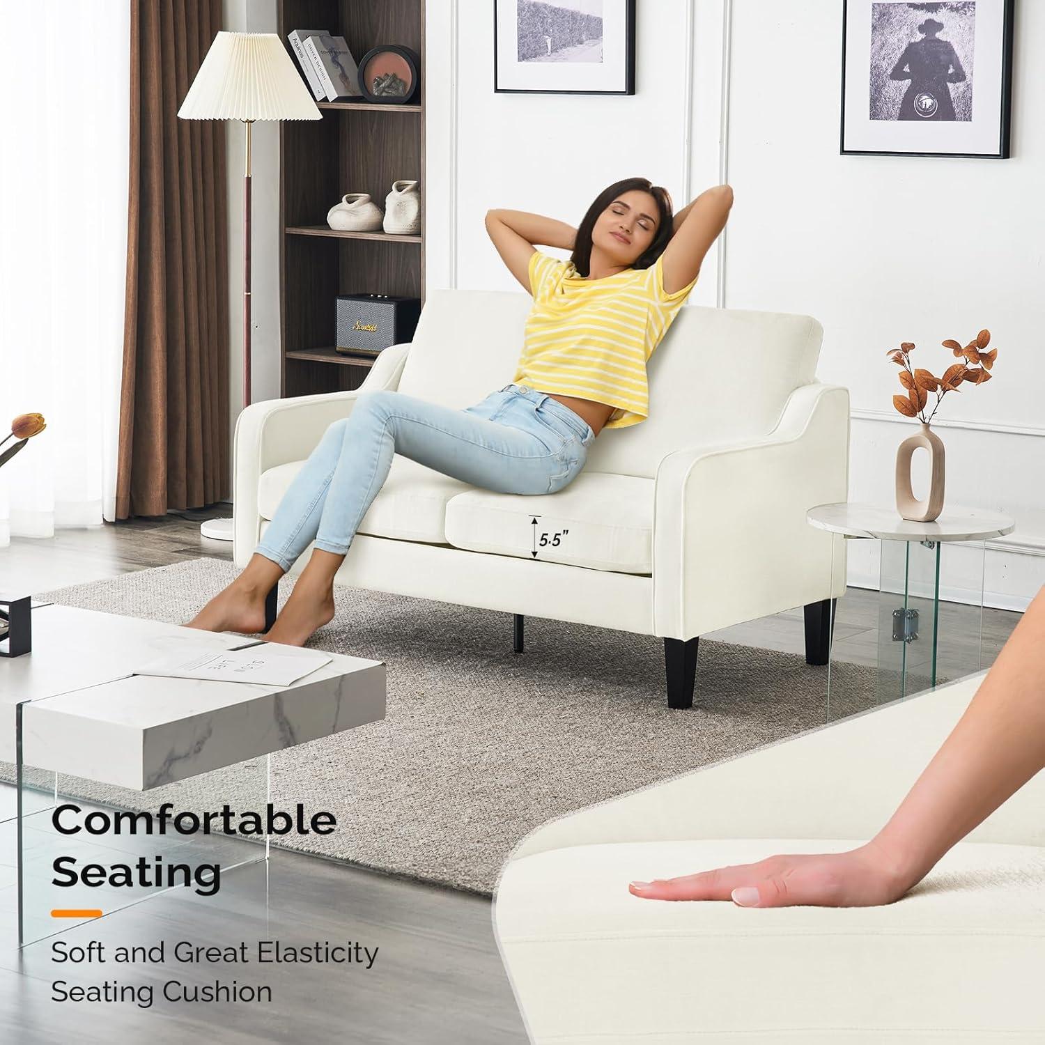 CHAUKY Loveseat Mid-Century Modern Loveseat Sofa Couch 53" Wide 2 Seater Sofa Couch Love Seat with Scooped Armrest for Small Spaces, Living Room, Dorm, Bedroom, Apartment (Creamy White)