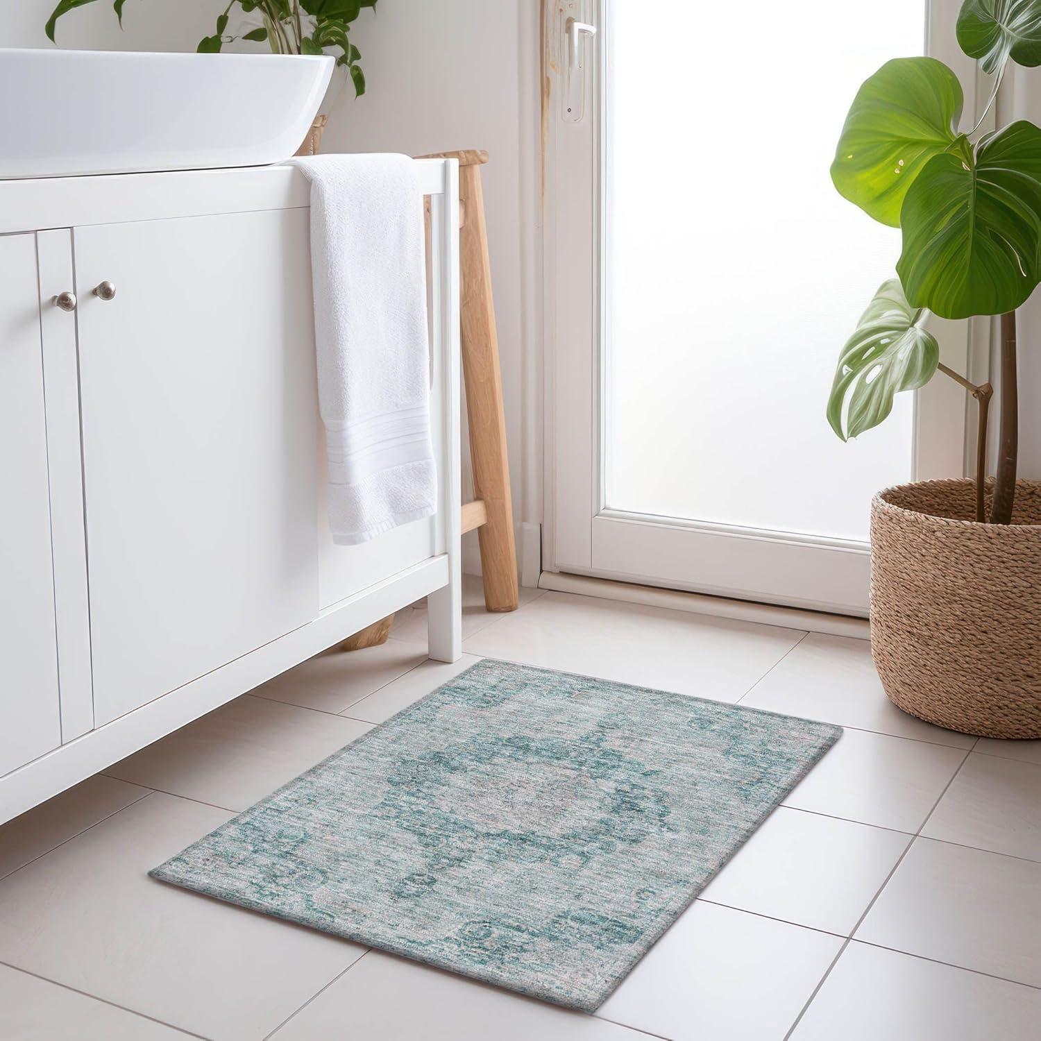 Machine Washable Indoor/Outdoor Claudian ACN1238 Teal Rug