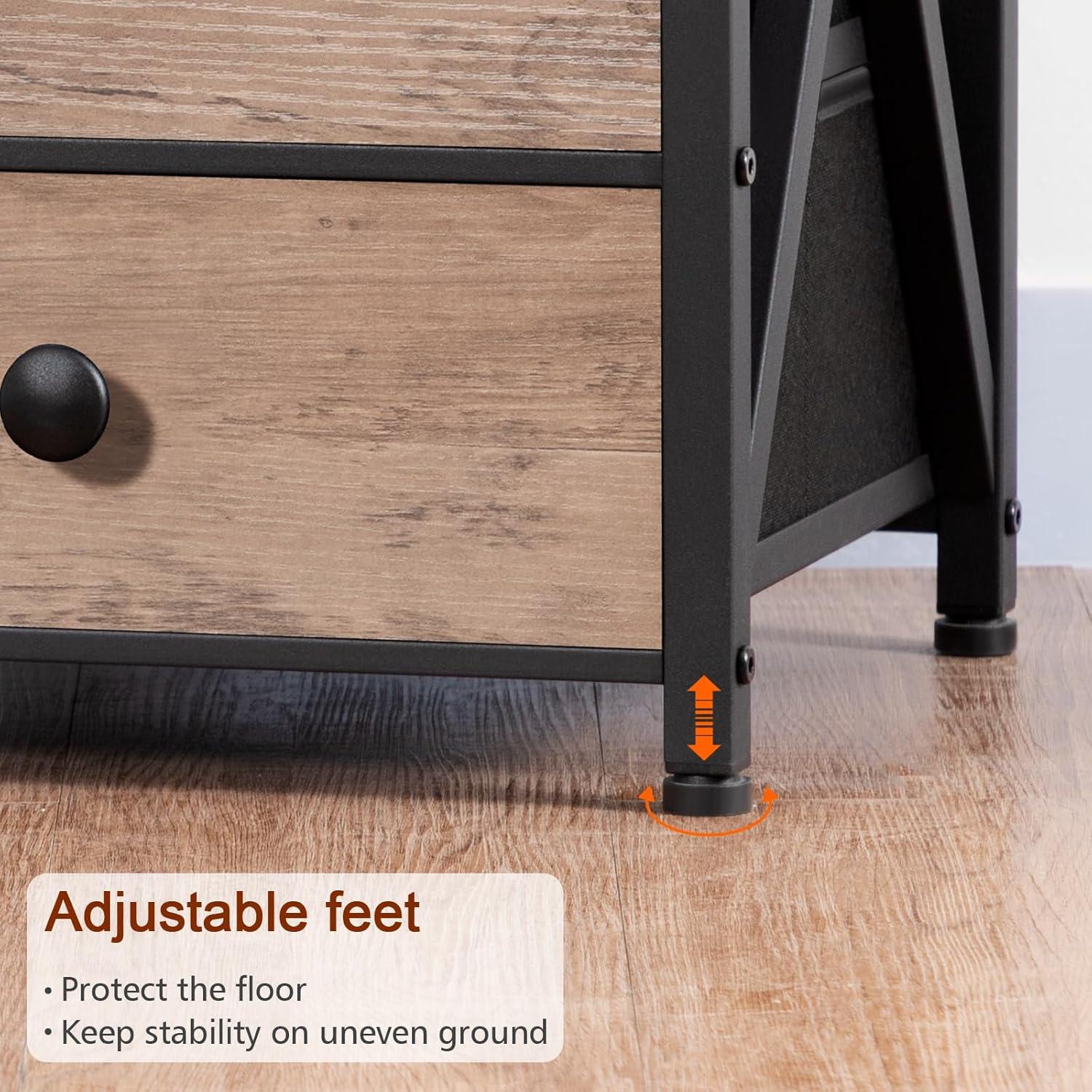 Greige Industrial Nightstand Set with LED and Charging Station