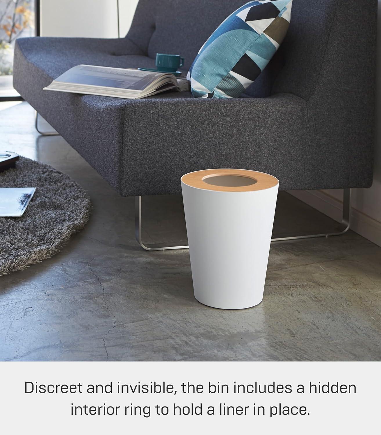 Rin Yamazaki Home Round Trash Can, 1.85 gallon Wastebasket Bathroom Kitchen Office, Steel + Wood
