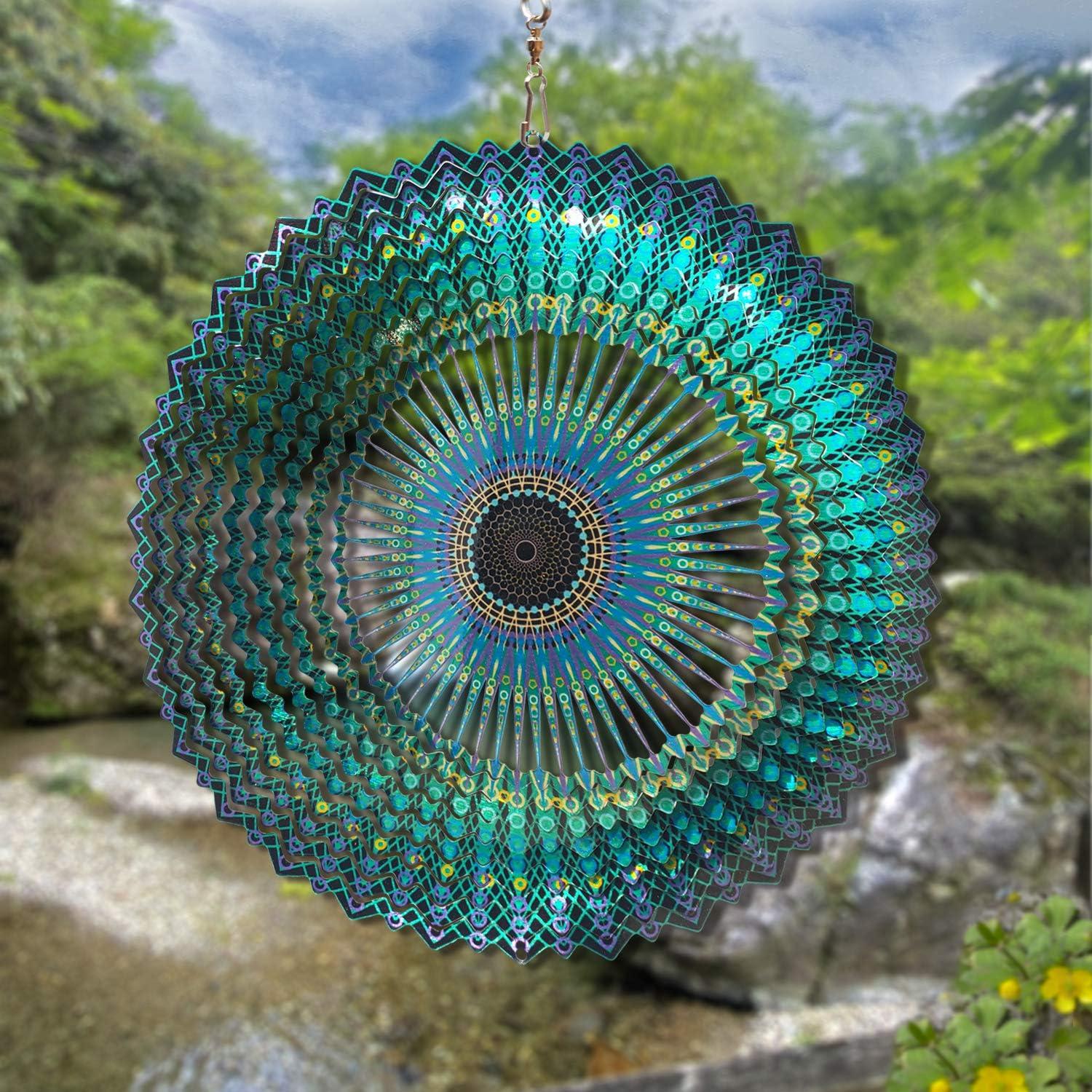 12-Inch Blue and Green 3D Stainless Steel Mandala Wind Spinner