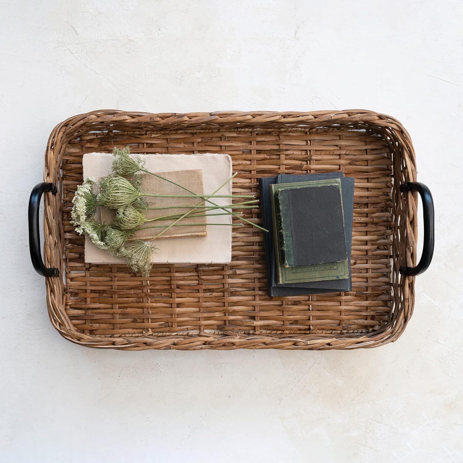 Creative Co-Op Decorative Woven Rattan Tray with Metal Handles, Natural and Black