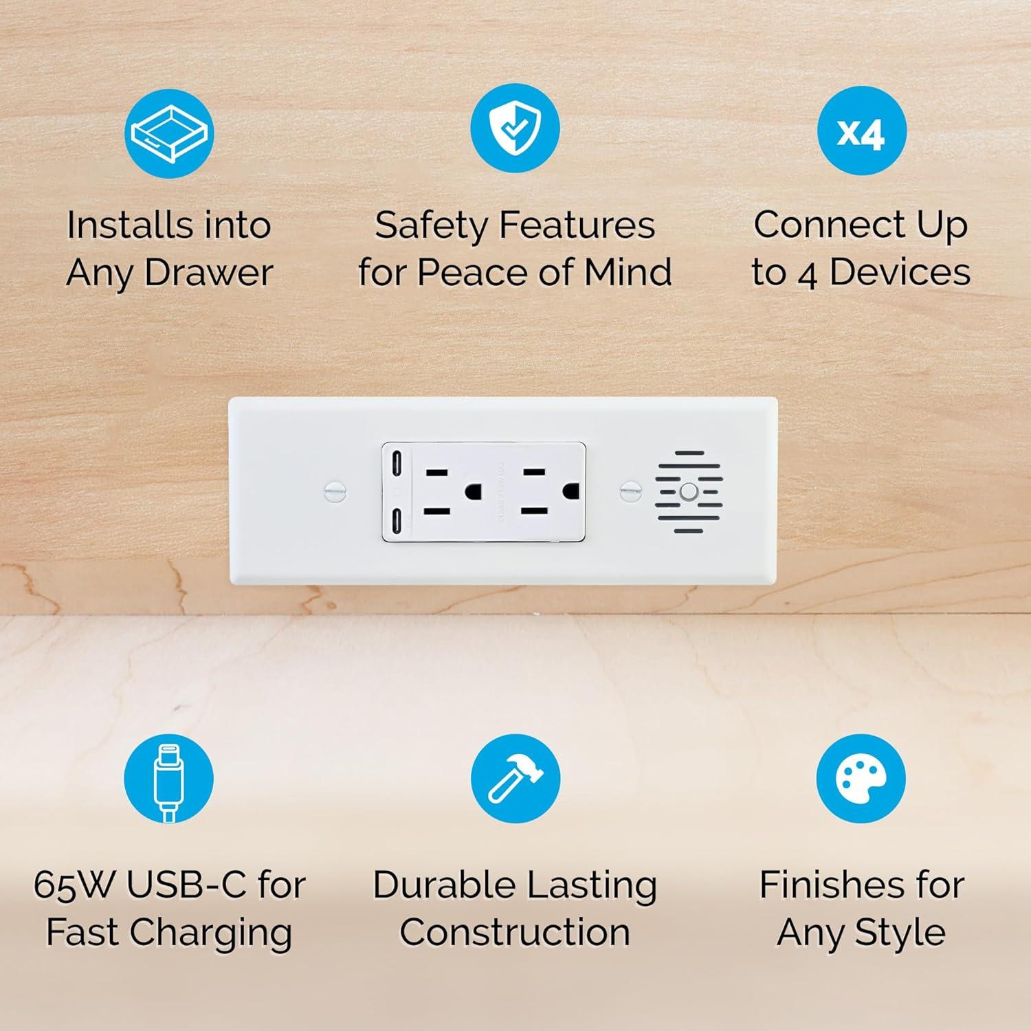 White Tamper Resistant In-Drawer Outlet with USB-C Ports