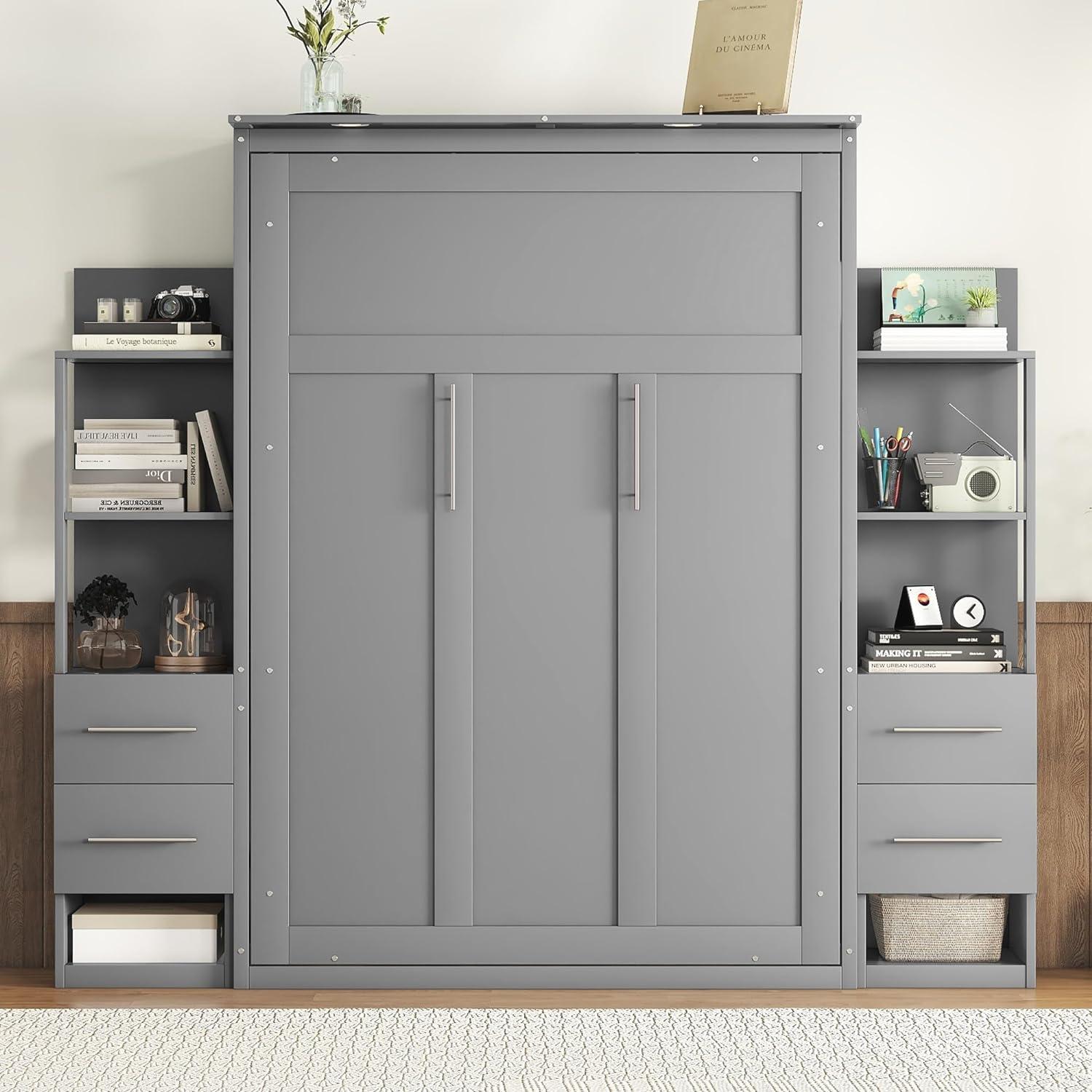 Gray Full Size Murphy Bed with Shelves, Drawers, and LED Lights