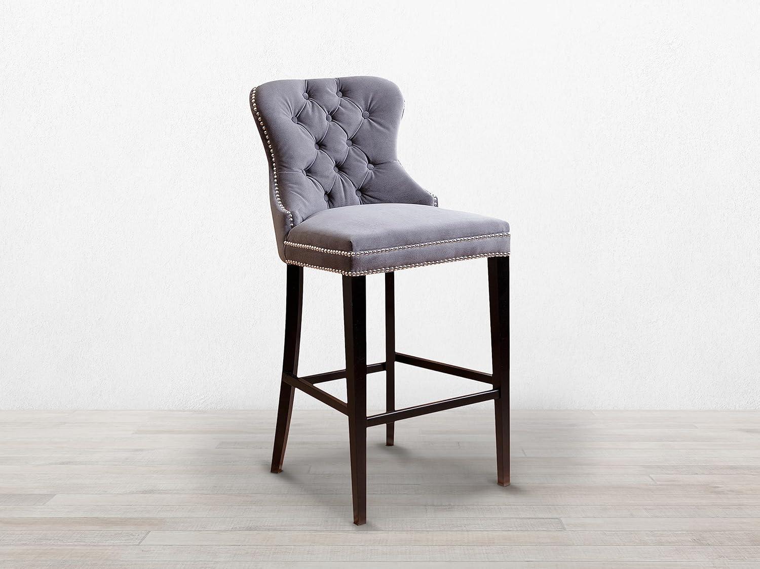 Elegant Gray Velvet & Wood High Back Bar Stool with Silver Nailhead Trim