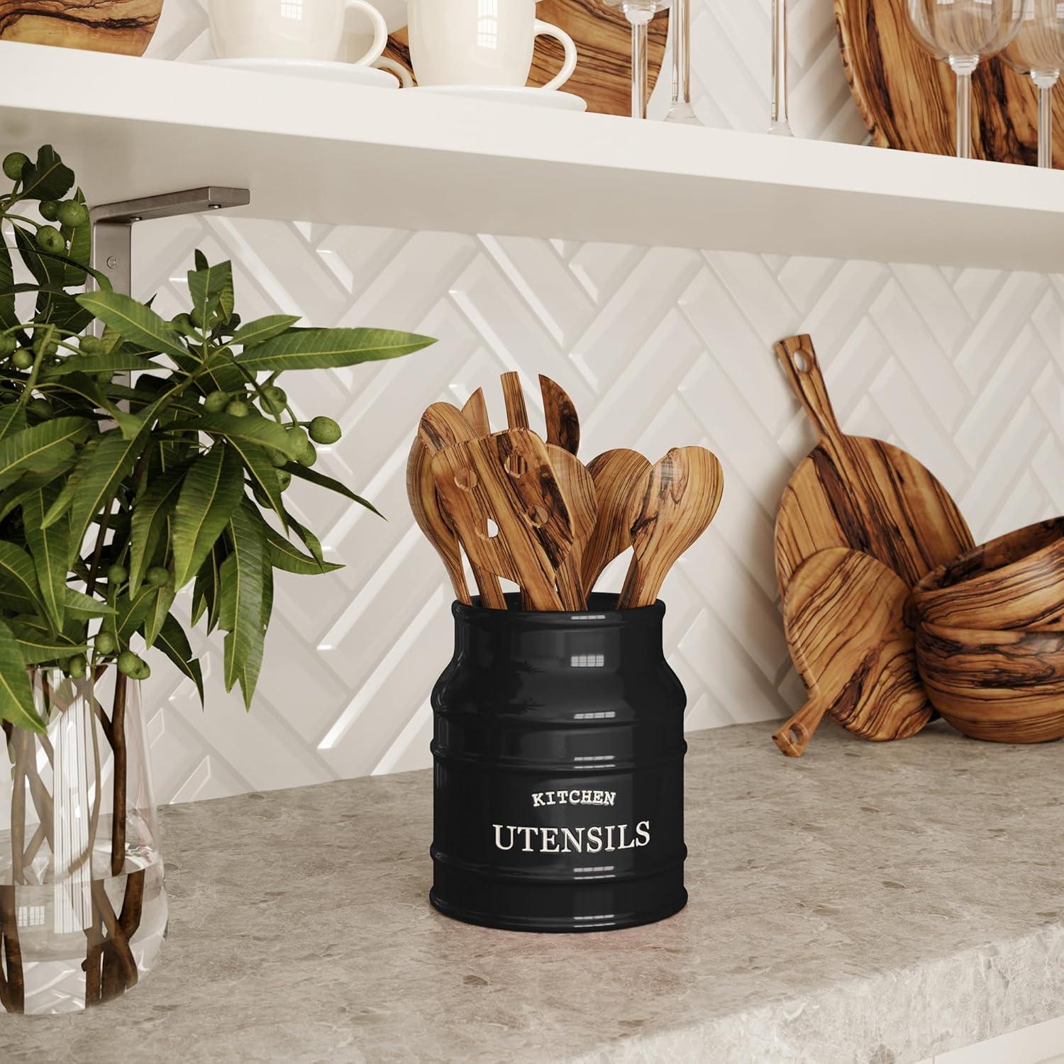 Red Barrel Studio® Ceramic Farmhouse Utensil Holder For Kitchen Counter, Large Rustic Utensil Crock, Countertop Cooking Tool Spatula Organizer, 6.75” (Black)