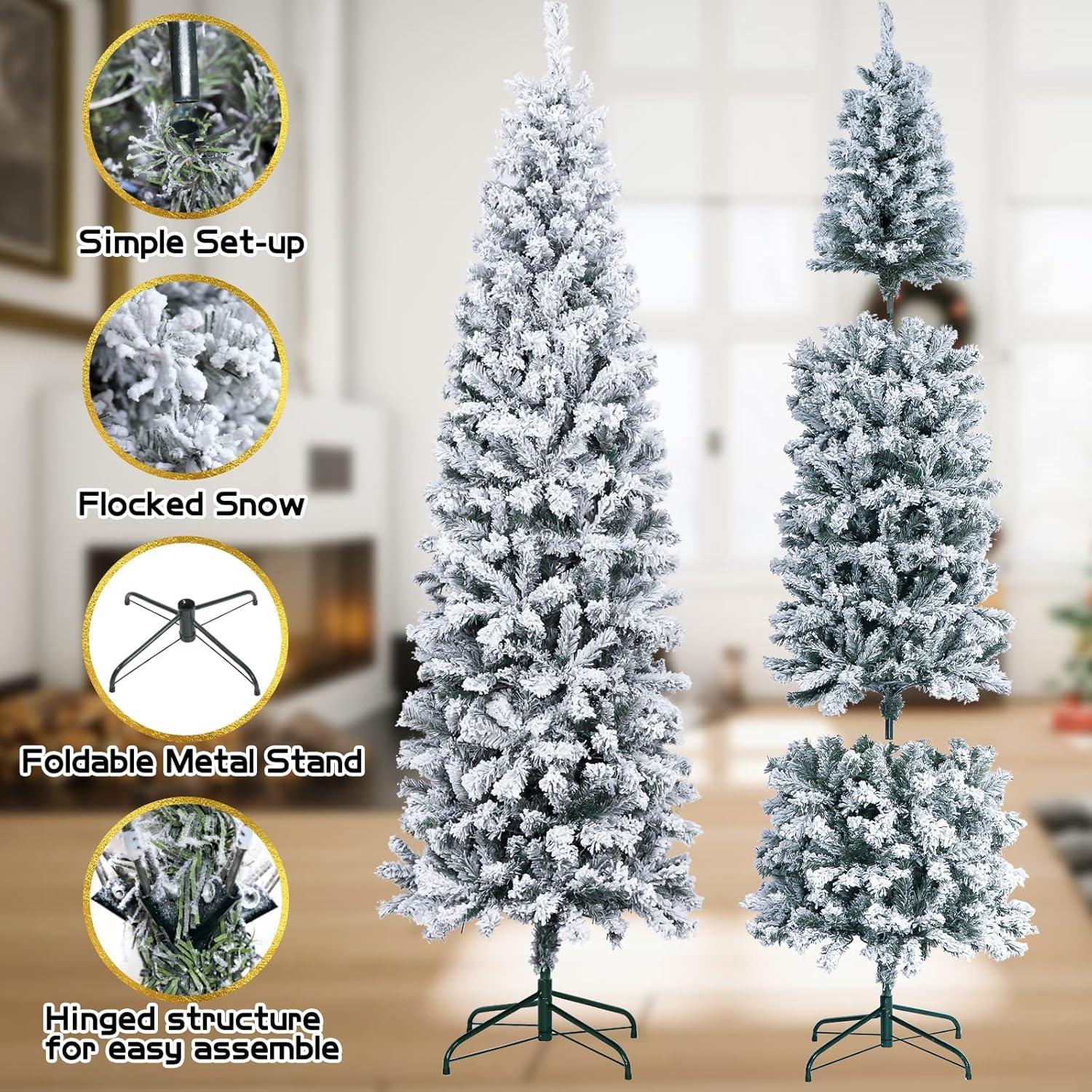 7.5ft Pre-lit Snow-Flocked Kingswood Fir Pencil Artificial Christmas Tree