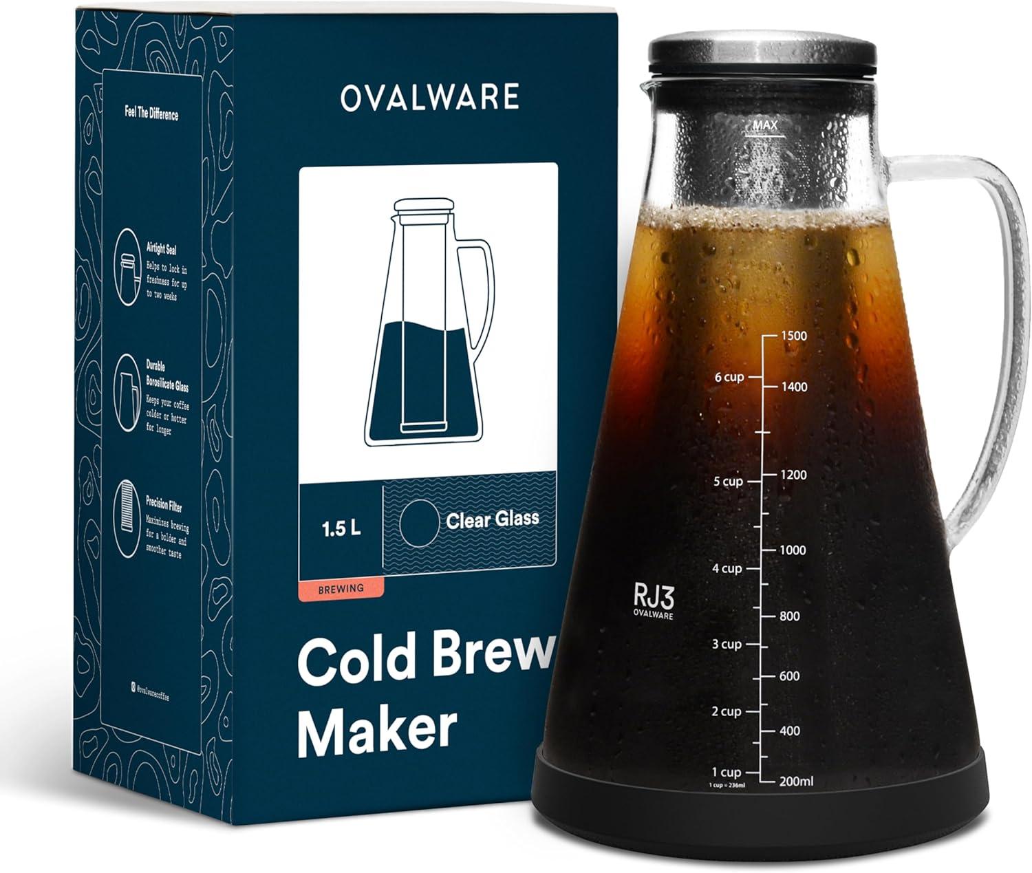 Ovalware Cold Brew Iced Coffee/Tea Maker 1.5L/51oz New RJ3 Clear Glass Carafe Removable Filter