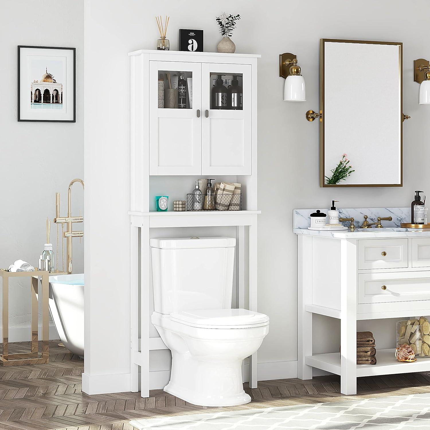 White Over-the-Toilet Bathroom Storage Cabinet with Glass Doors