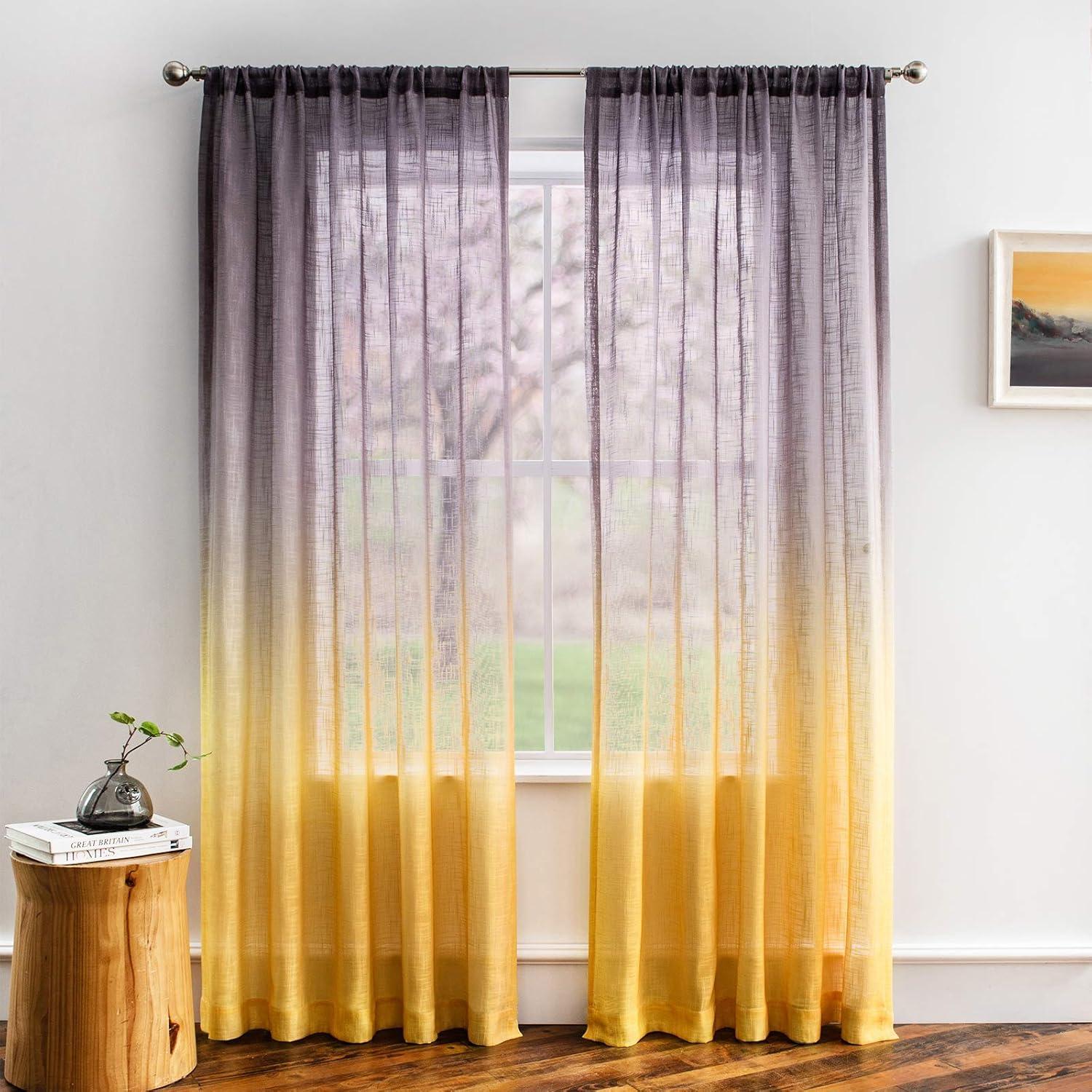 Melodieux Yellow Grey Linen Textured Ombre Semi Sheer Curtains 63 Inches Length for Bedroom Living Room Kids Nursery Golden Sunshine Rod Pocket Gradient Drapes, 52 x 63 Inch (2 Panels)