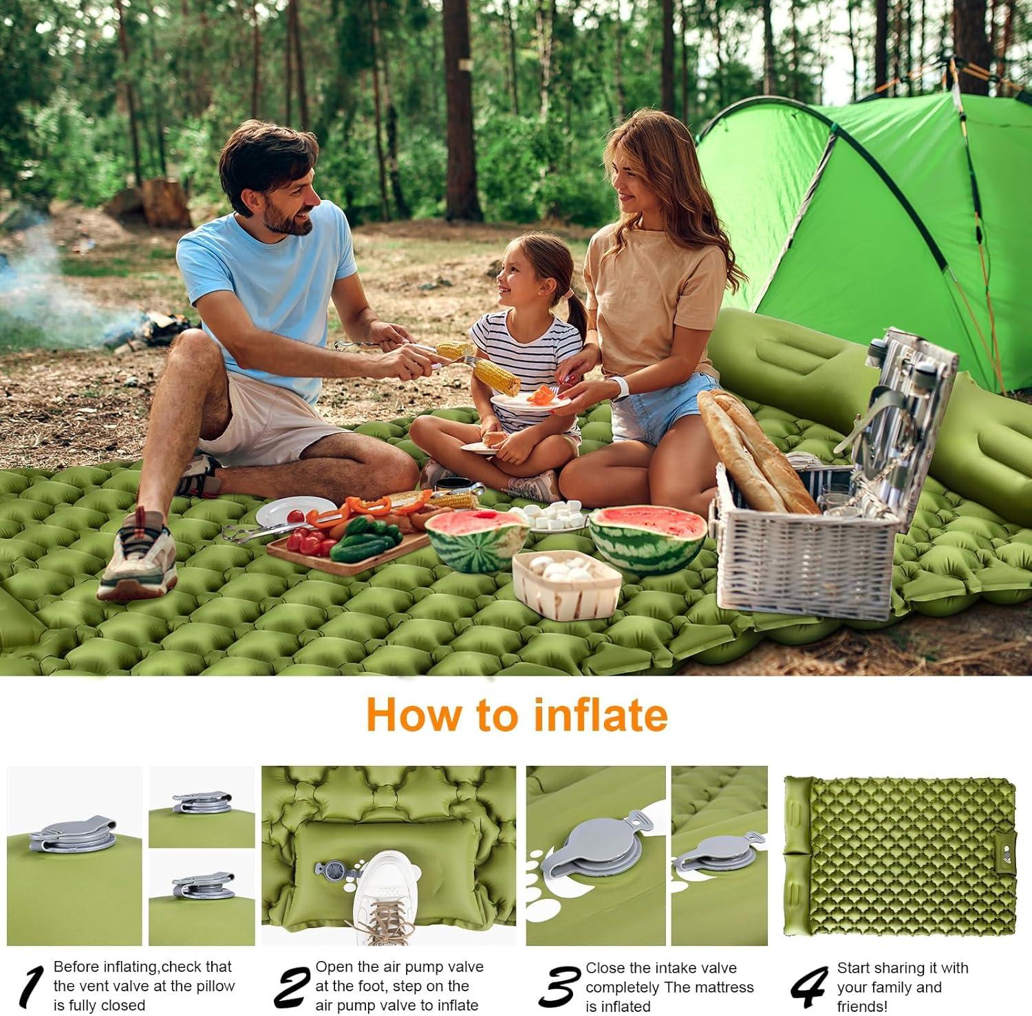 Ultralight Green Nylon Double Sleeping Pad with Built-in Foot Pump