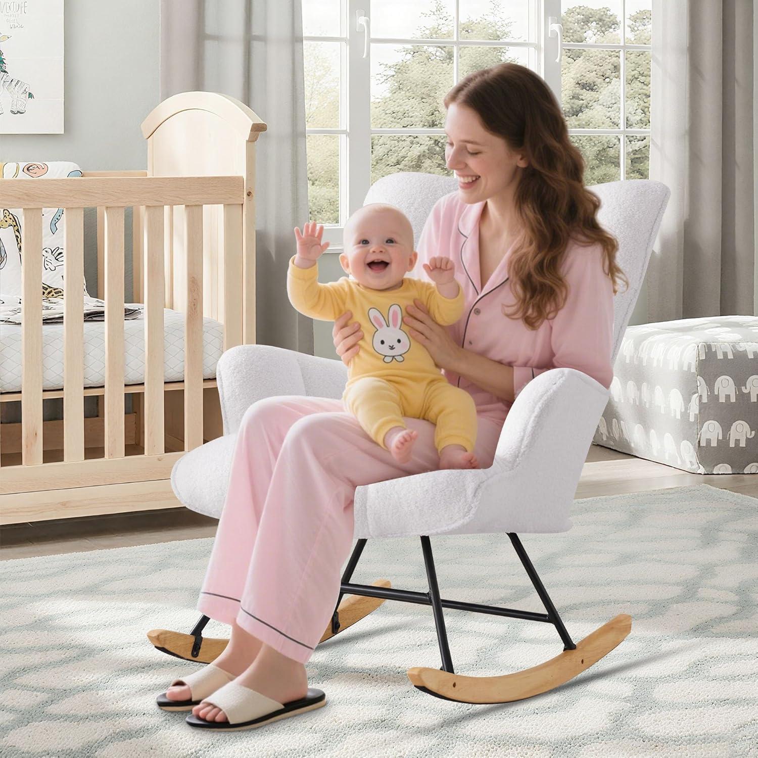 Nursery Rocking Chair Teddy, Upholstered Glider Rocker with High Backrest, Comfortable Stylish Accent Armchair with Padded Seat for Living Rooms, Bedrooms, Offices