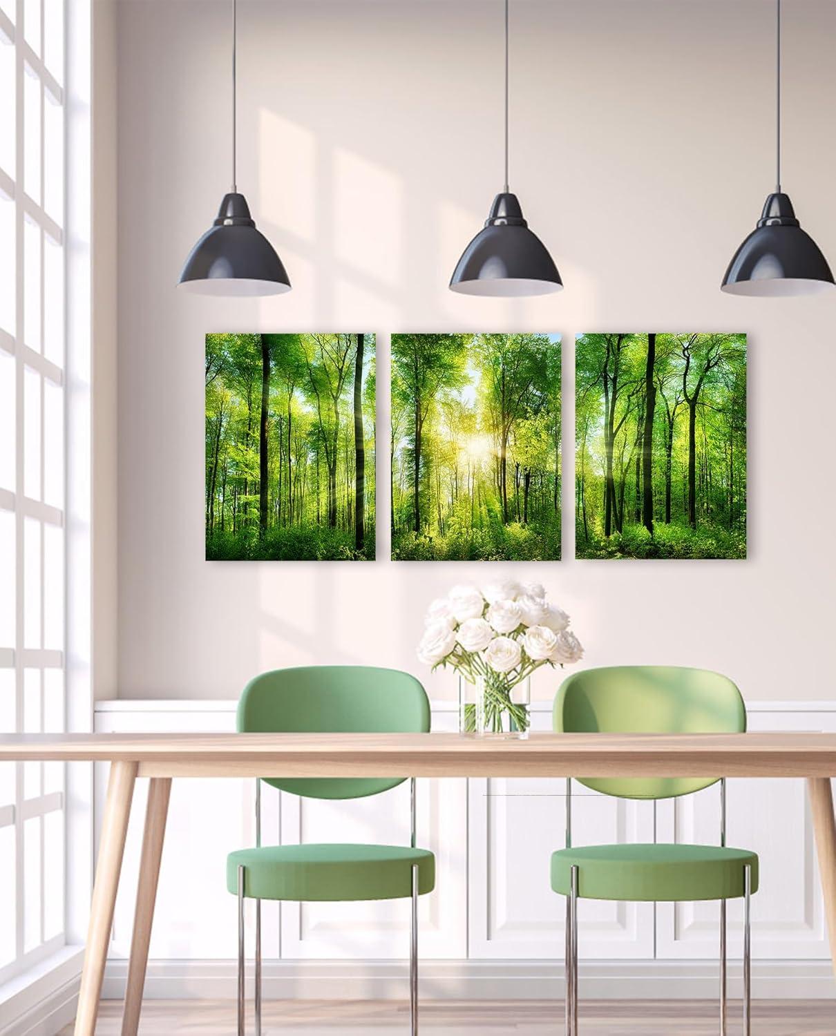 Forest Art Canvas Wall Decor: 3 Panel Nature Wall Art Landspace Paintings Framed Trees Green Pictures Sunrise Scenery Wall Decor for Living Room Bedroom Office Bathroom 12 x 16 Inch