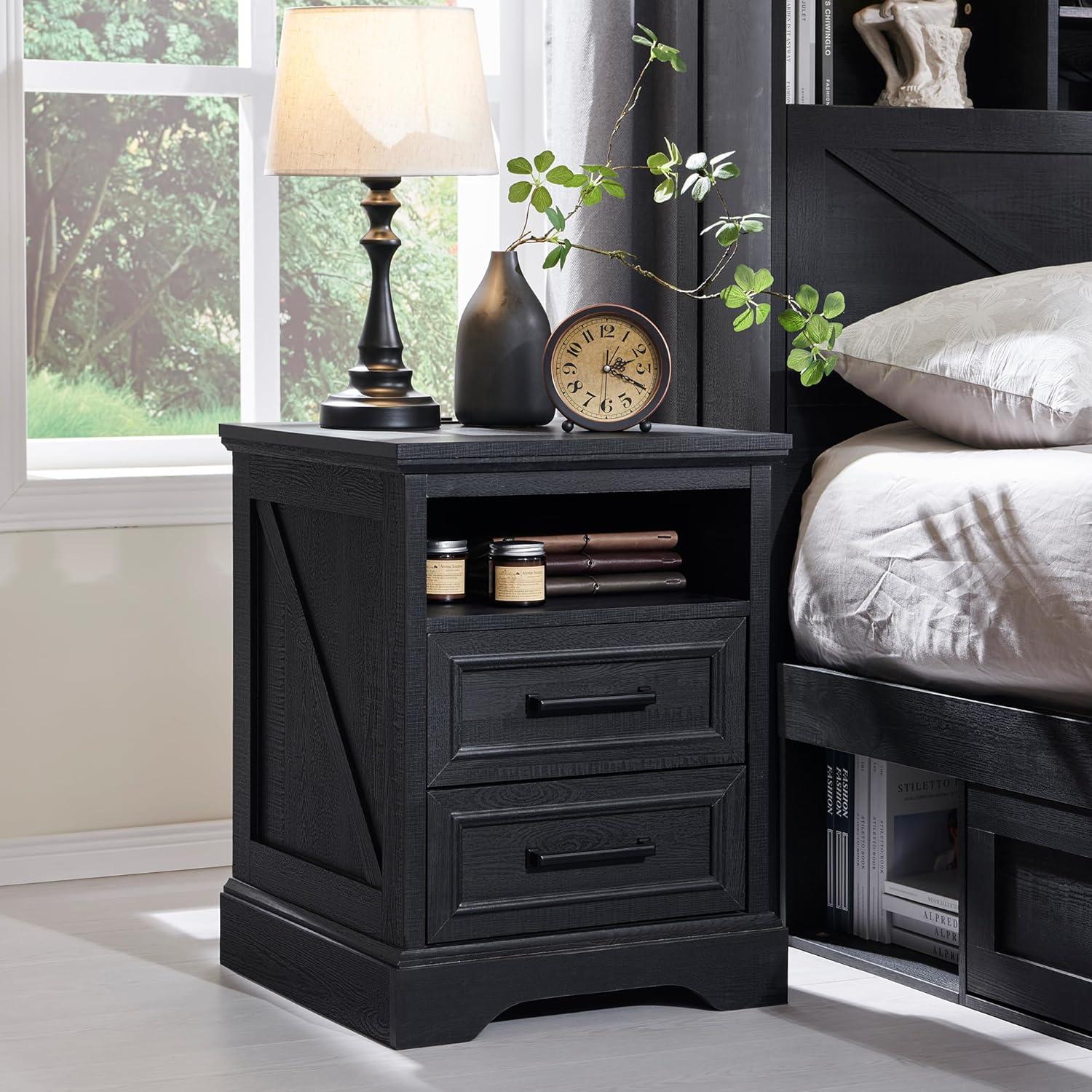 Black Farmhouse 18" Nightstand with Charging Station and 2 Drawers