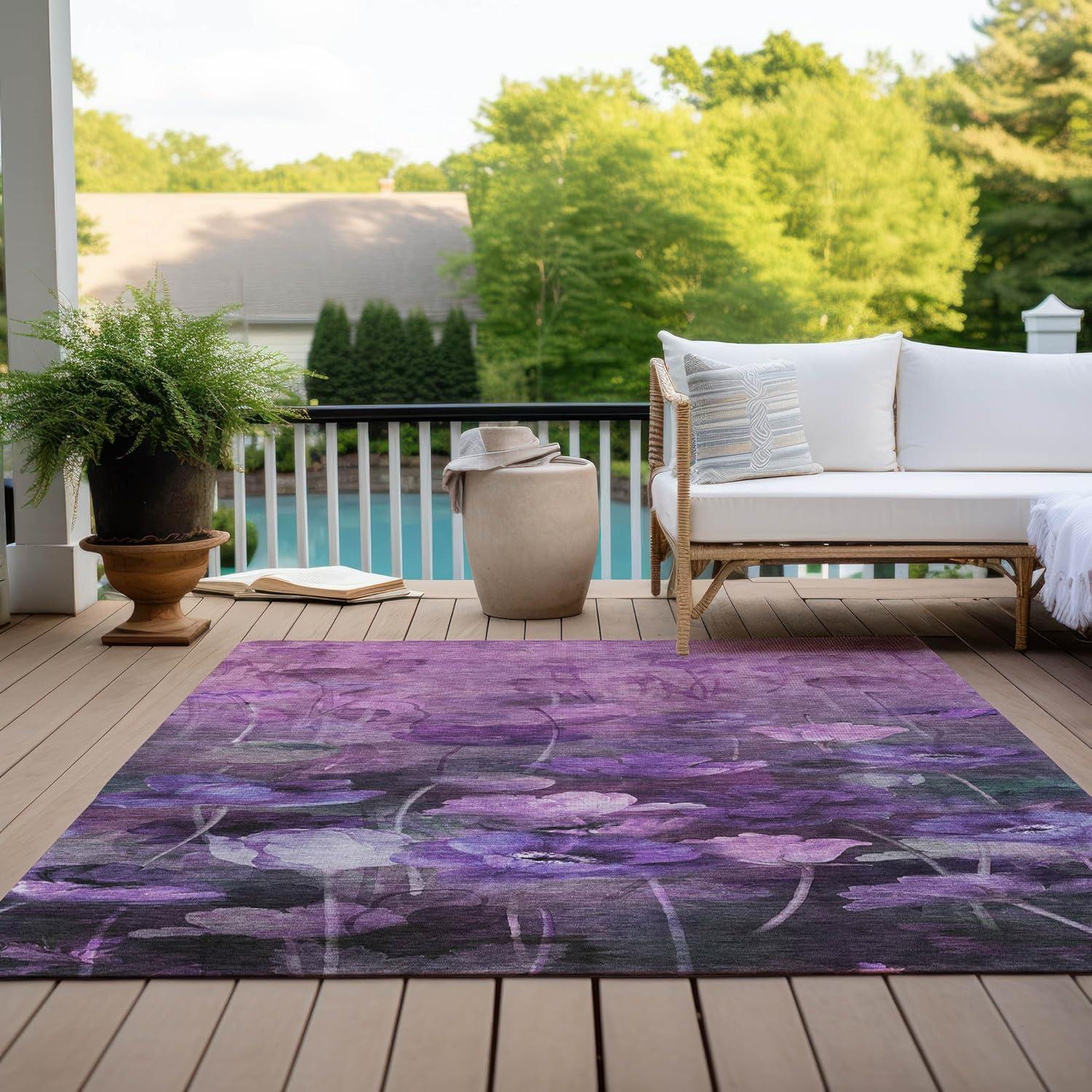 Purple Floral Synthetic Washable Rectangular Rug 3' x 5'