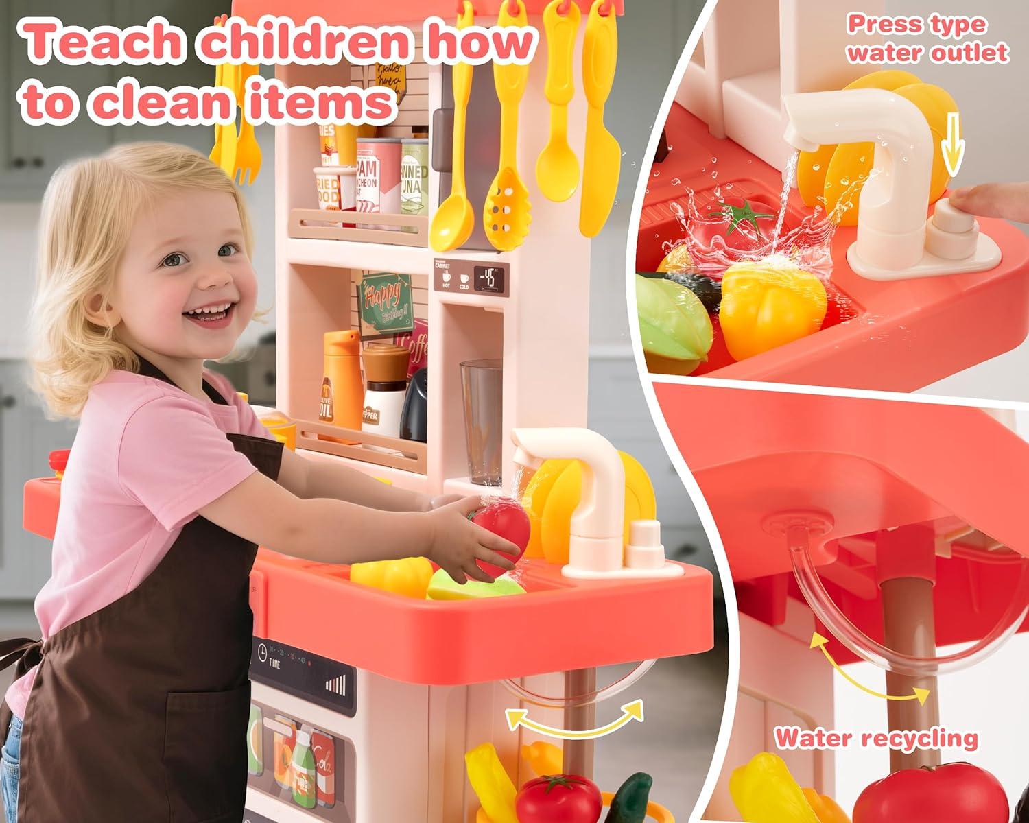 Koppop Kids Kitchen Playset 50pcs - with Sound, Light & Steam Effects, Pretend Play Toys Includes Food, Sink & Stove, Ideal for Boys & Girls Ages 3-6 (Red).