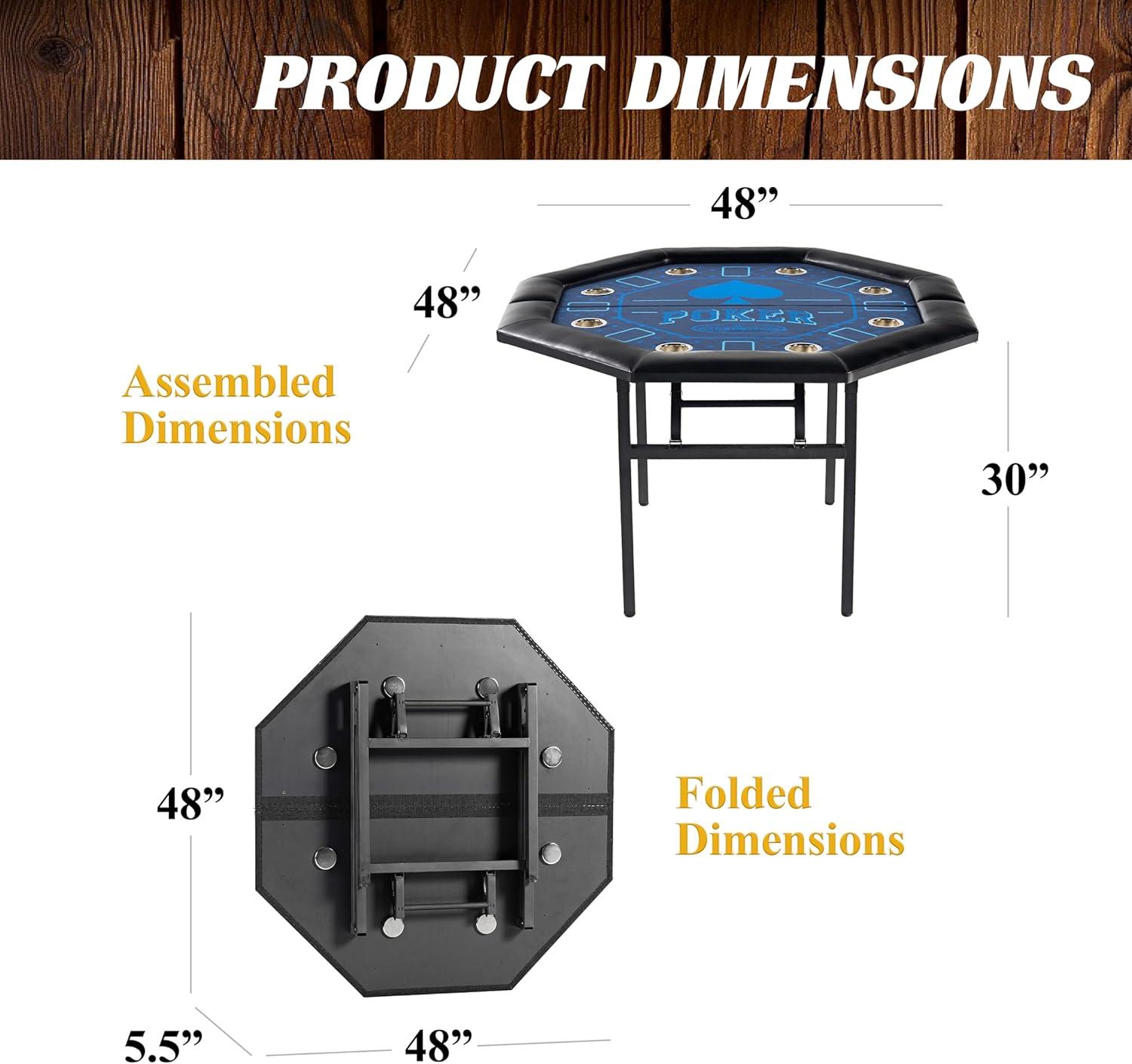 48'' Octagonal Blue Felt Poker Table with Folding Legs and Drink Holders