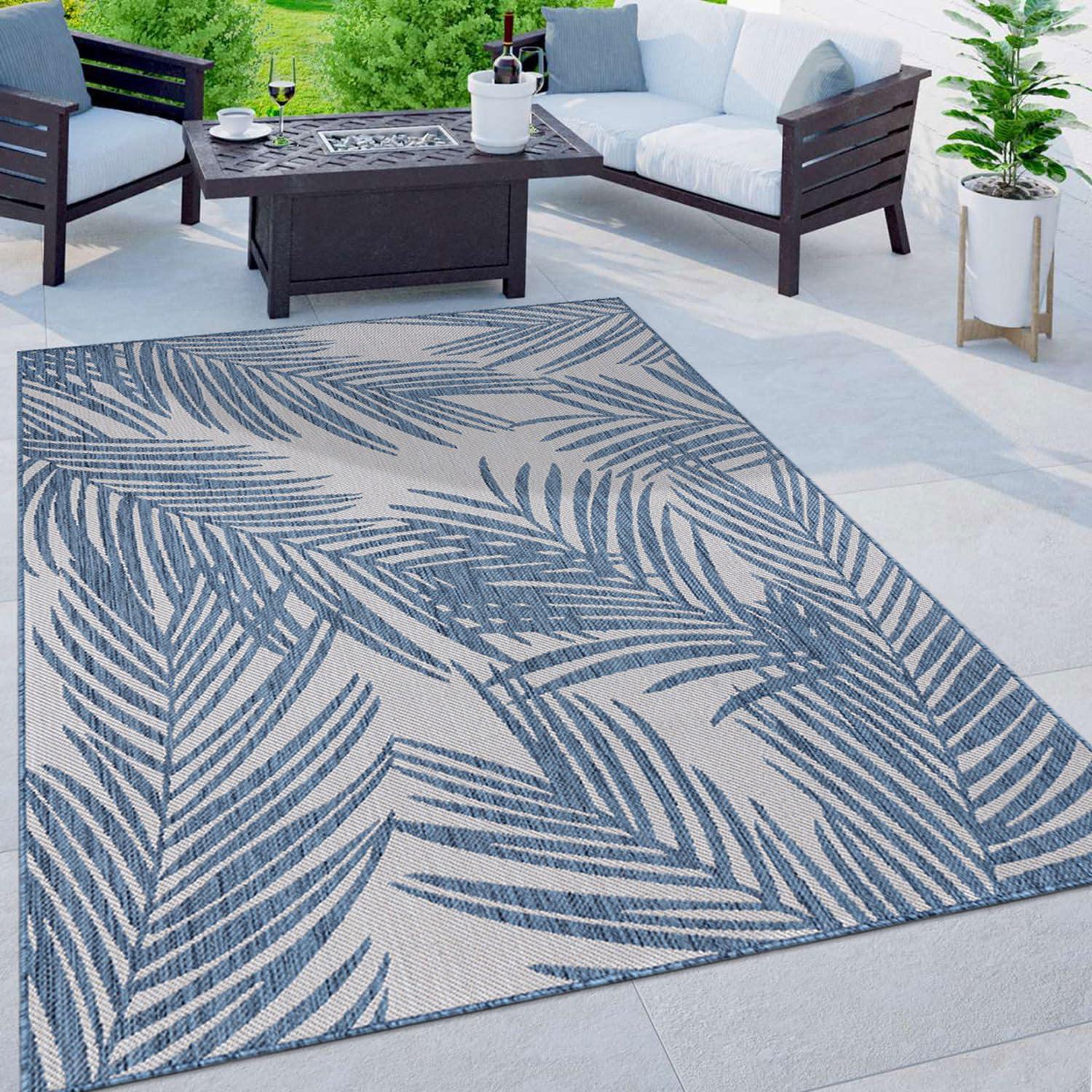 World Rug Gallery Contemporary Distressed Leaves Textured Flat Weave Indoor/Outdoor Area Rug - BLUE 5' X 7'