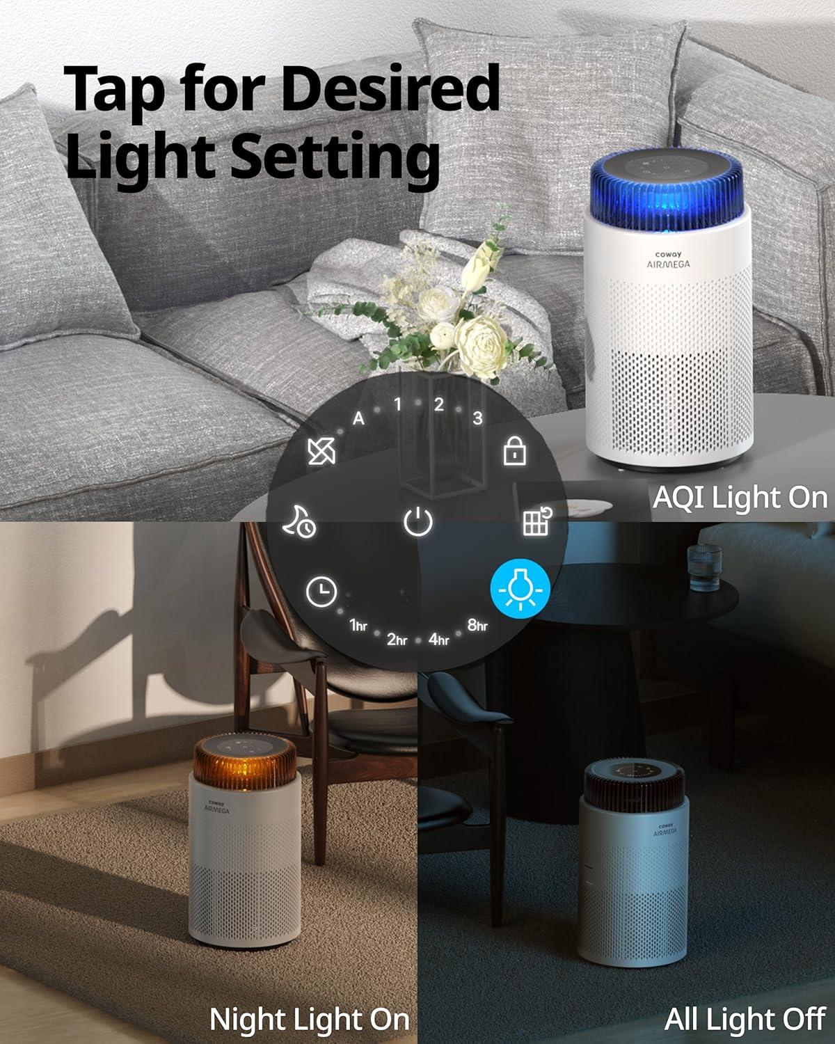 Coway Airmega 100 True HEPA Air Purifier with Air Quality Monitoring, Auto Mode, Sleep Mode, Timer, Filter Indicator, Night Light