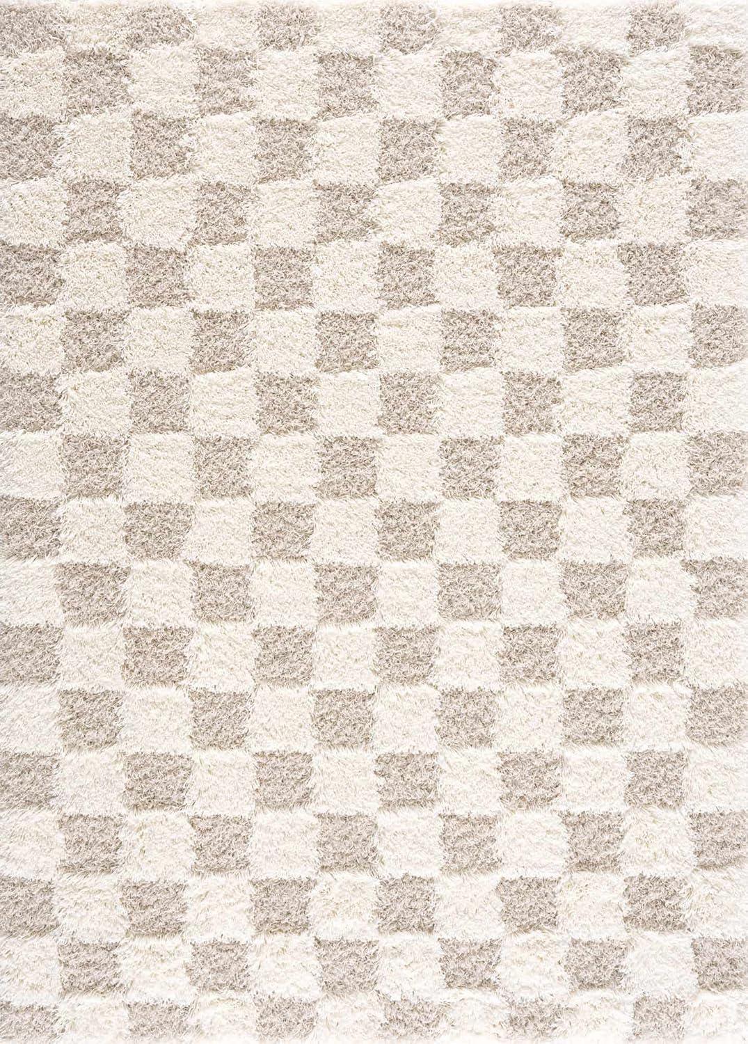 Hauteloom Atira Checkered Shag Area Rug - Checkboard Design - High Pile Fluffy Shaggy Touch - Square Tiles - Kids Room, Nursery, Living Room Shaggy Carpet - Beige, Cream, White - 6'7" x 9'6"