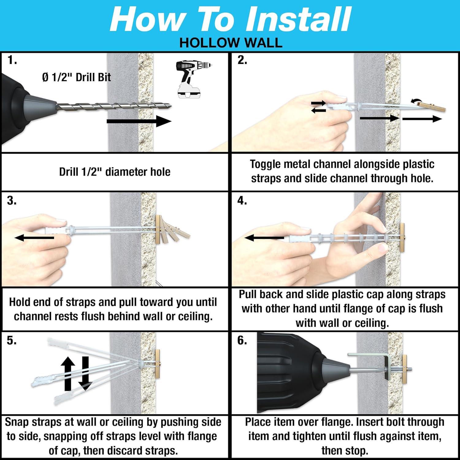 TOGGLER SNAPTOGGLE Heavy-Duty Drywall Toggle Bolt – 3/16"-24 UNC Zinc-Plated Anchor for Hollow Walls, Plaster & Tile – Holds 238 lbs in 1/2" Drywall, Easy Install – 100 Pack (W/Roundhead Bolts)