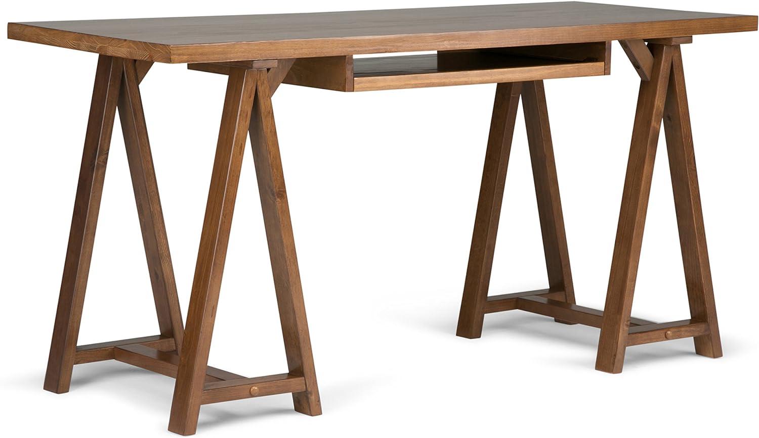 Sawhorse Solid Pine 60" Desk with Keyboard Tray in Medium Saddle Brown