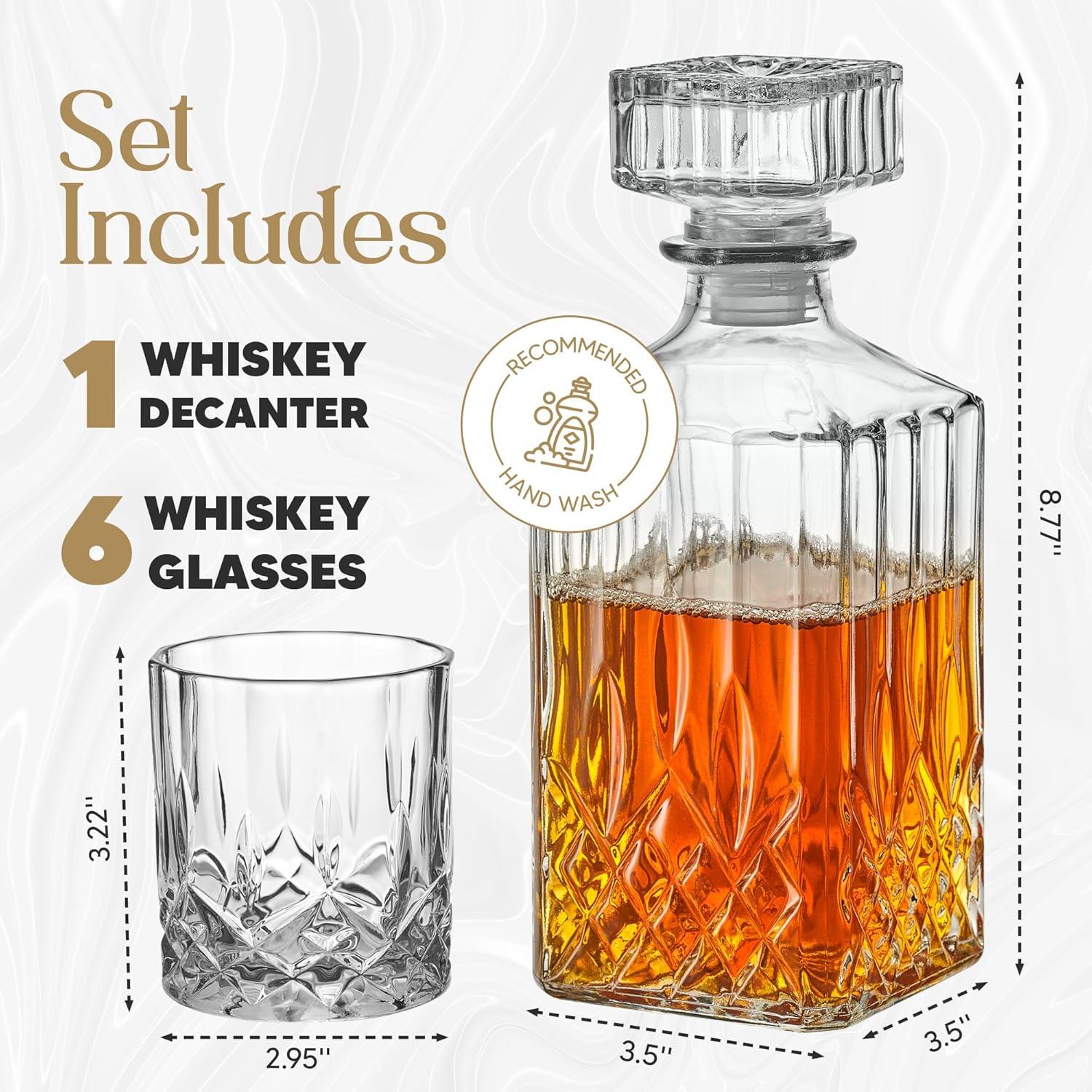 Style Setter, Clear, Loretto Glass Whiskey Decanter Set with 6 Whiskey Glasses, Set of 7