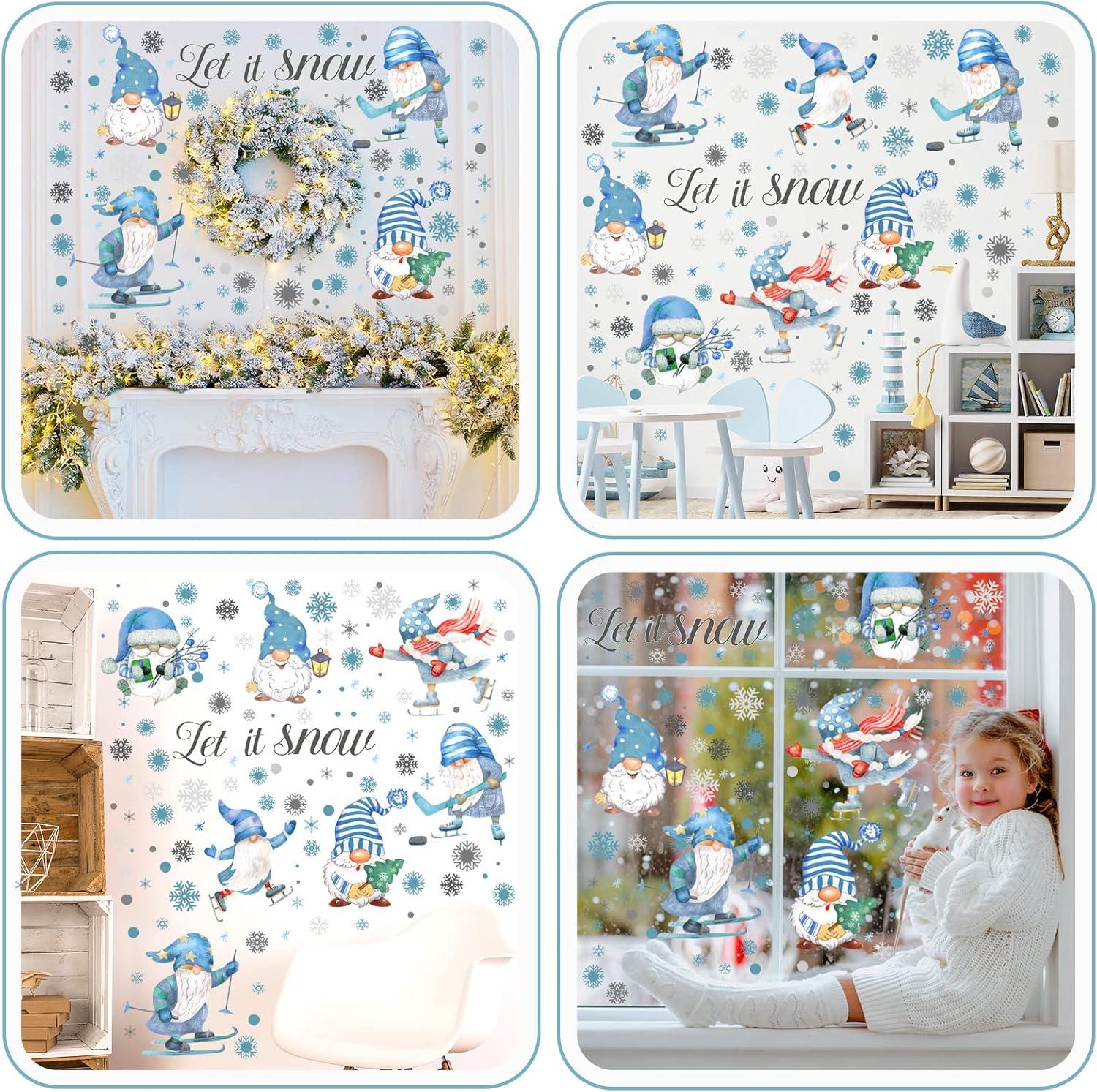 135 Pcs Snowy Winter Gnome Snowflake Wall Decals Christmas Wall Decals Snowflakes Wall Decal Silver And Blue Theme Christmas Snowflake Wall Stickers For Kid Bedroom Home Kitchen Decor Gift(Snow Style)