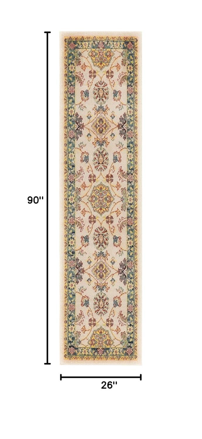 Nourison Essentials Floral Persian Indoor Outdoor Rug Ivory Gold 2'2" x 7'6"