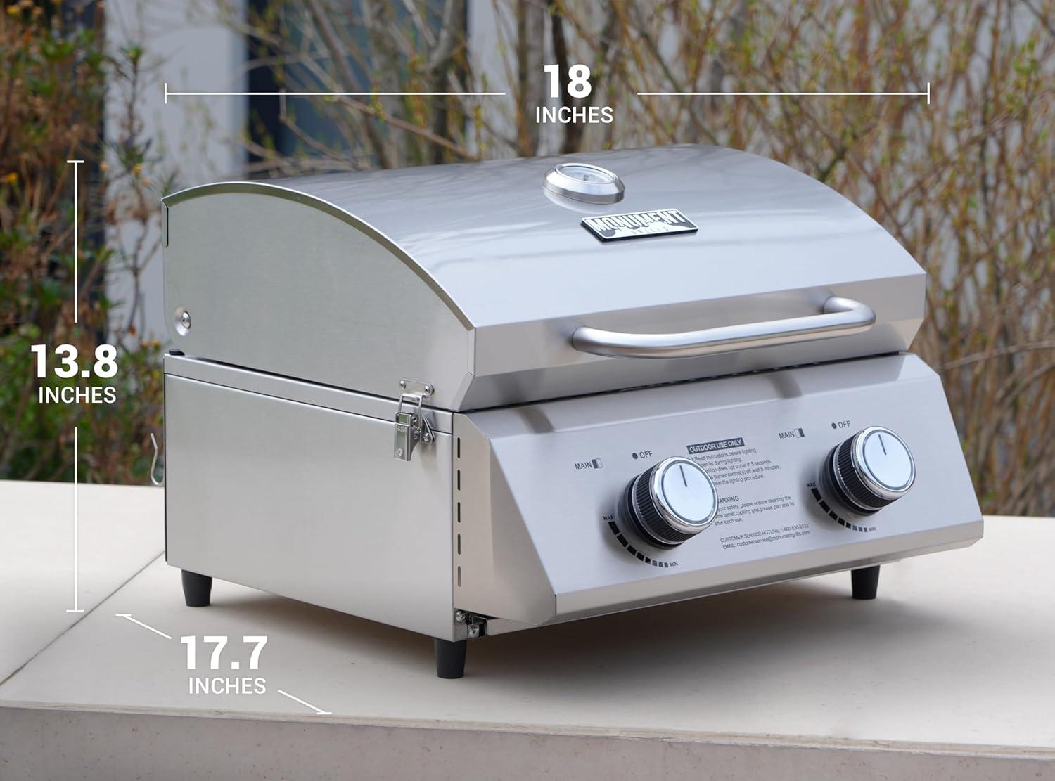Monument Grills 13742,2-Burner Portable Stainless Steel Tabletop Propane Gas Grill with High Lid and Travel Locks, 15,000 BTU – Perfect for Family BBQs