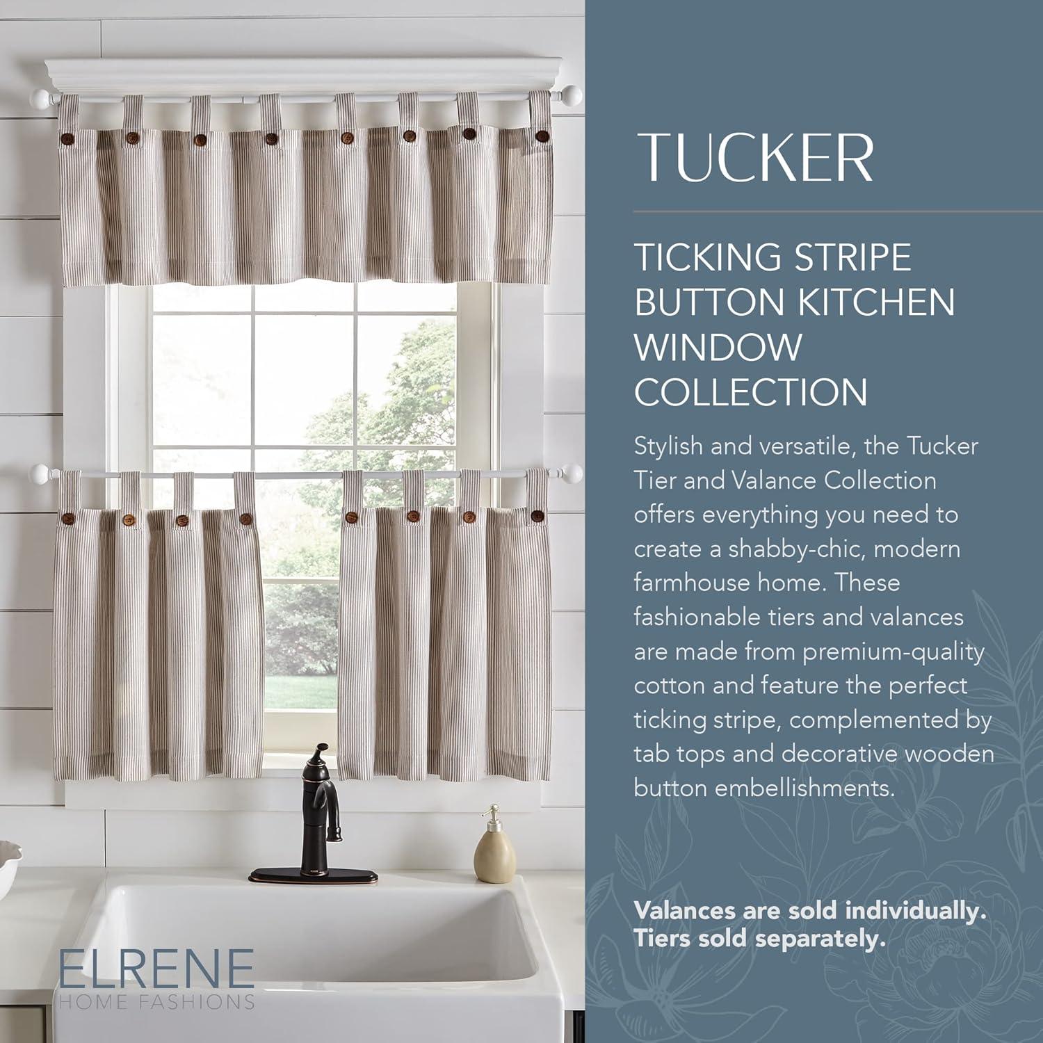 Tucker Ticking Stripe Button Tab Top Window Kitchen Tier Set of 2 - 30" x 24" - Linen - Elrene Home Fashions