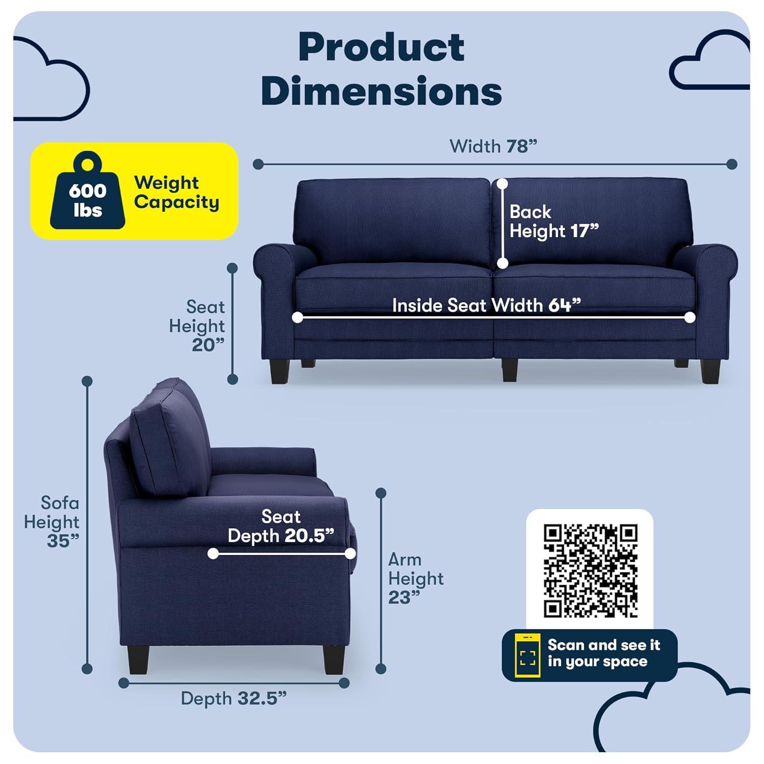 Serta 78" Copenhagen Sofa Navy Blue: Upholstered Polyester, Wood Frame, Removable Cushions, Seats 2