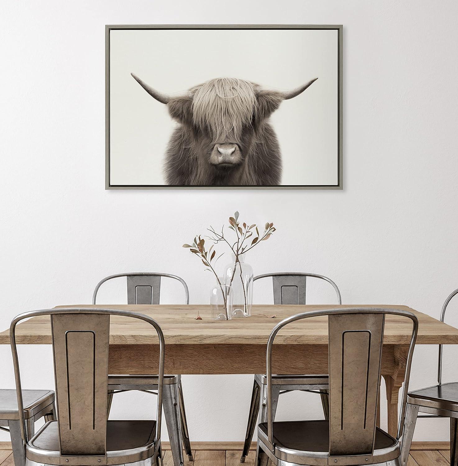 Kate and Laurel Sylvie Hey Dude Highland Cow Color Framed Canvas by The Creative Bunch Studio, 23x33, Gray