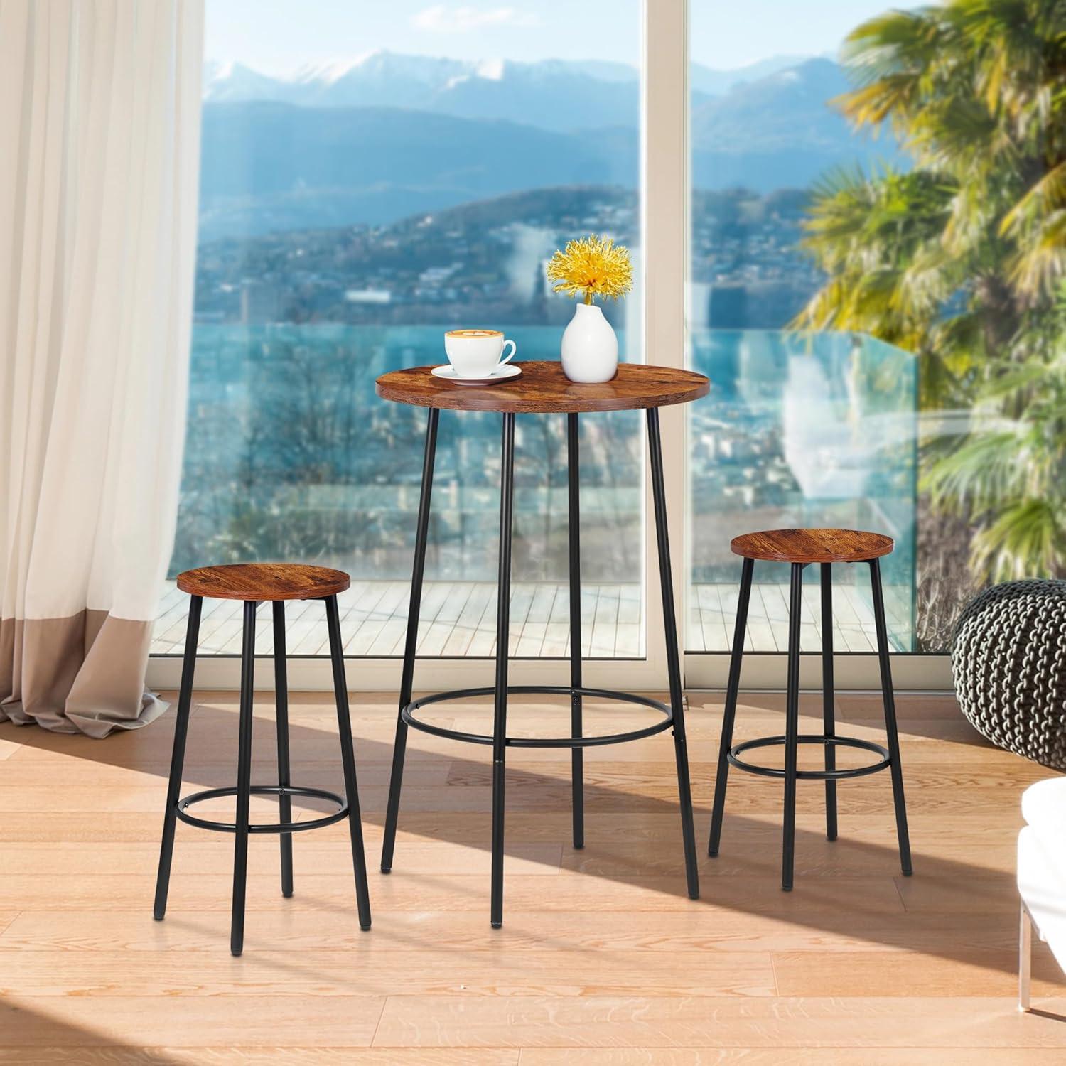 ZENSTYLE 3 Piece Pub Dining Table Set Wooden Round Breakfast Tables w/2 Bar Chairs Stools Brown