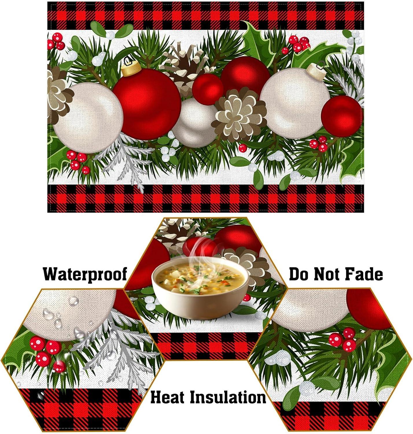 Linen Red and Black Buffalo Check Plaid Christmas Placemats Set of 4 Farmhouse Winter Christmas Xmas Holiday Home Kitchen Table Decorations