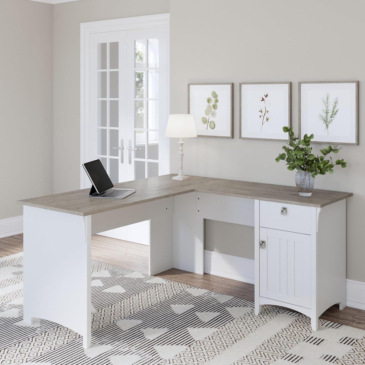 Bush Furniture Salinas 60" L Shaped Desk with Storage, Shiplap Gray & Pure White