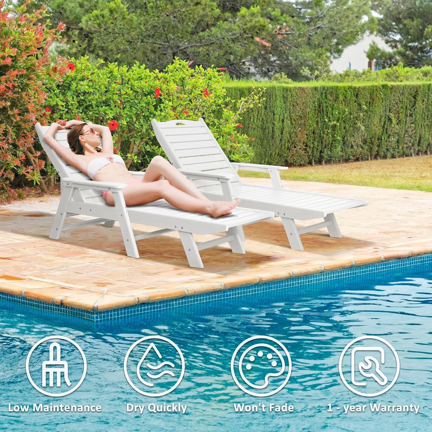 NALONE Chaise Lounge Set of 2 Outdoor with 5-Position Adjustable Backrest, HDPE Lounge Chair for Outside Supports Up to 400 LBS, Pool Lounge Chairs for Patio Poolside Deck Beach Backyard(White)