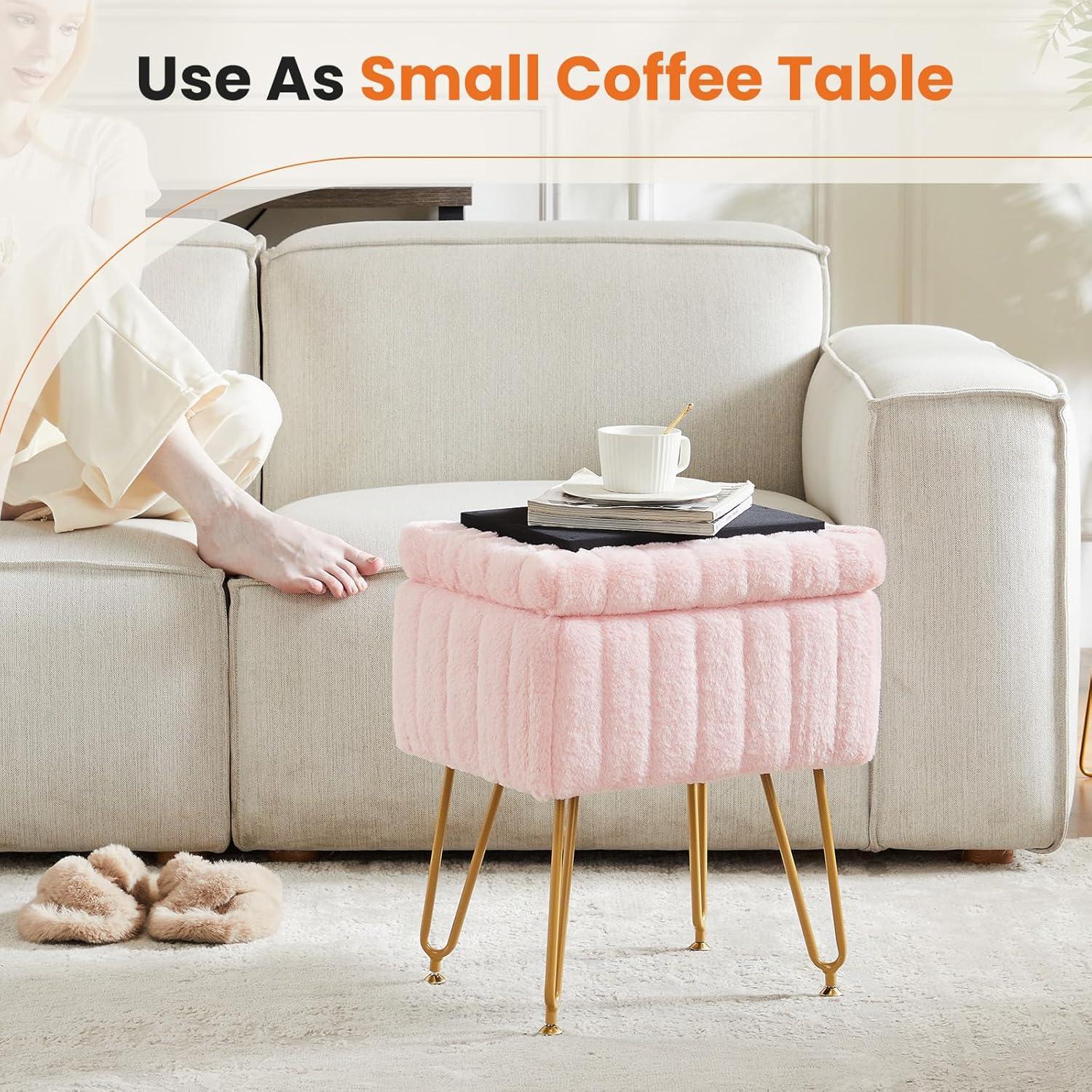 Vanity Stool Chair with Storage, Ottoman Faux Fur Soft Padded Makeup Footstools Seat with 4 Metal Legs