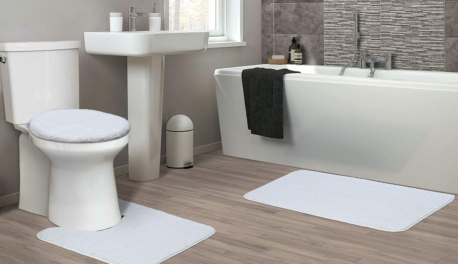 Garland Rug Gramercy Washable Bath Rug Set, 3 Piece (20"x34", Contour Rug, & Toilet Lid) White