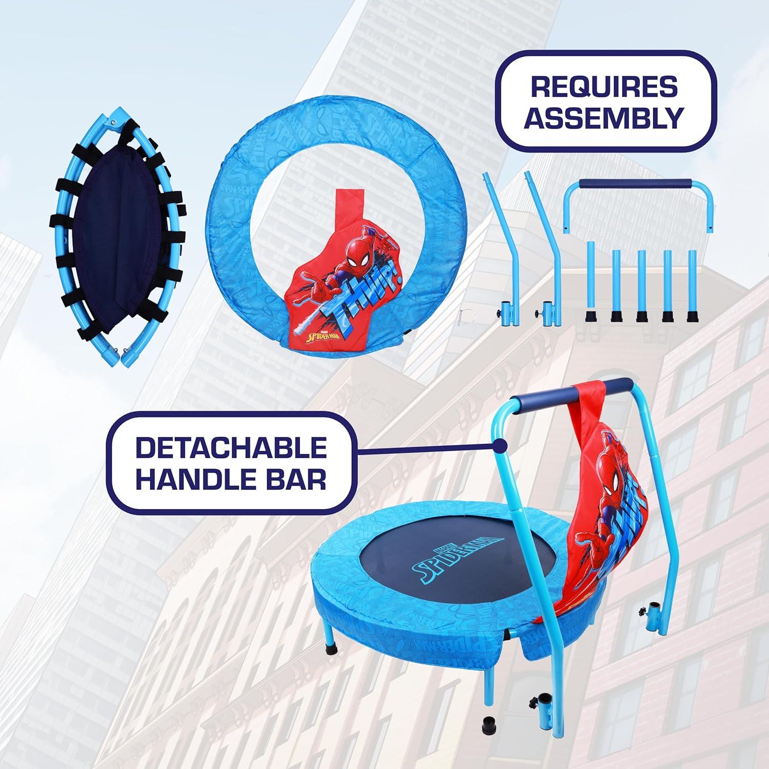 Marvel Spider-Man Trampoline for Kids, Indoor Mini Toddler Trampoline with Foam Handle Bar, Round Jumping Mat, Blue