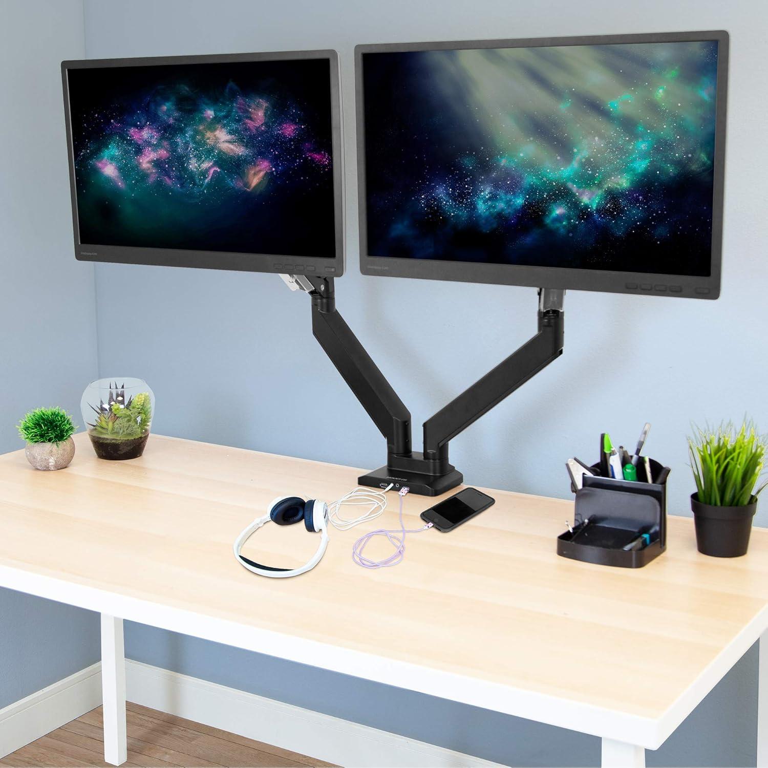 Mount-It! Full Motion Articulating Heavy Duty Dual Monitor Desk Mount w/ USB 3.0 Ports Fit 17-35 in, 33 Lbs. Capacity Per Arm w/ Adjustable Gas Spring