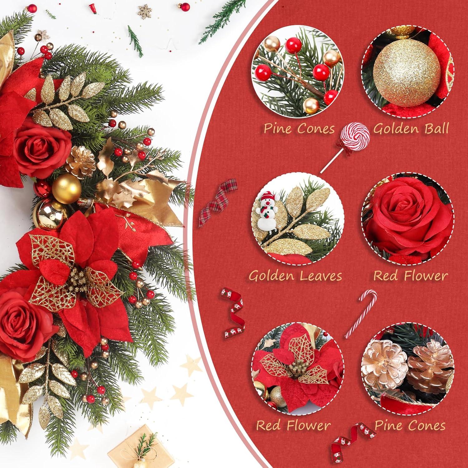 Wreaths for Front Door,Winter Wreaths for Indoor and Outdoor Decorations,Door Wreath with Red Flowers and Golden Ball,Pine Cones,Leaves,Ribbons,Berries for Decor