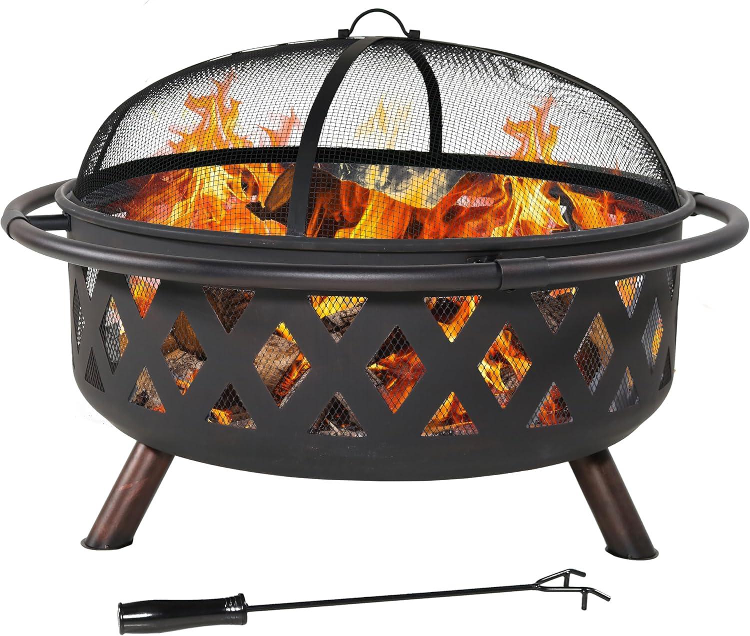 Sunnydaze Outdoor Camping or Backyard Round Crossweave Cut Out Fire Pit with Spark Screen, Log Poker, and Cover - 36"