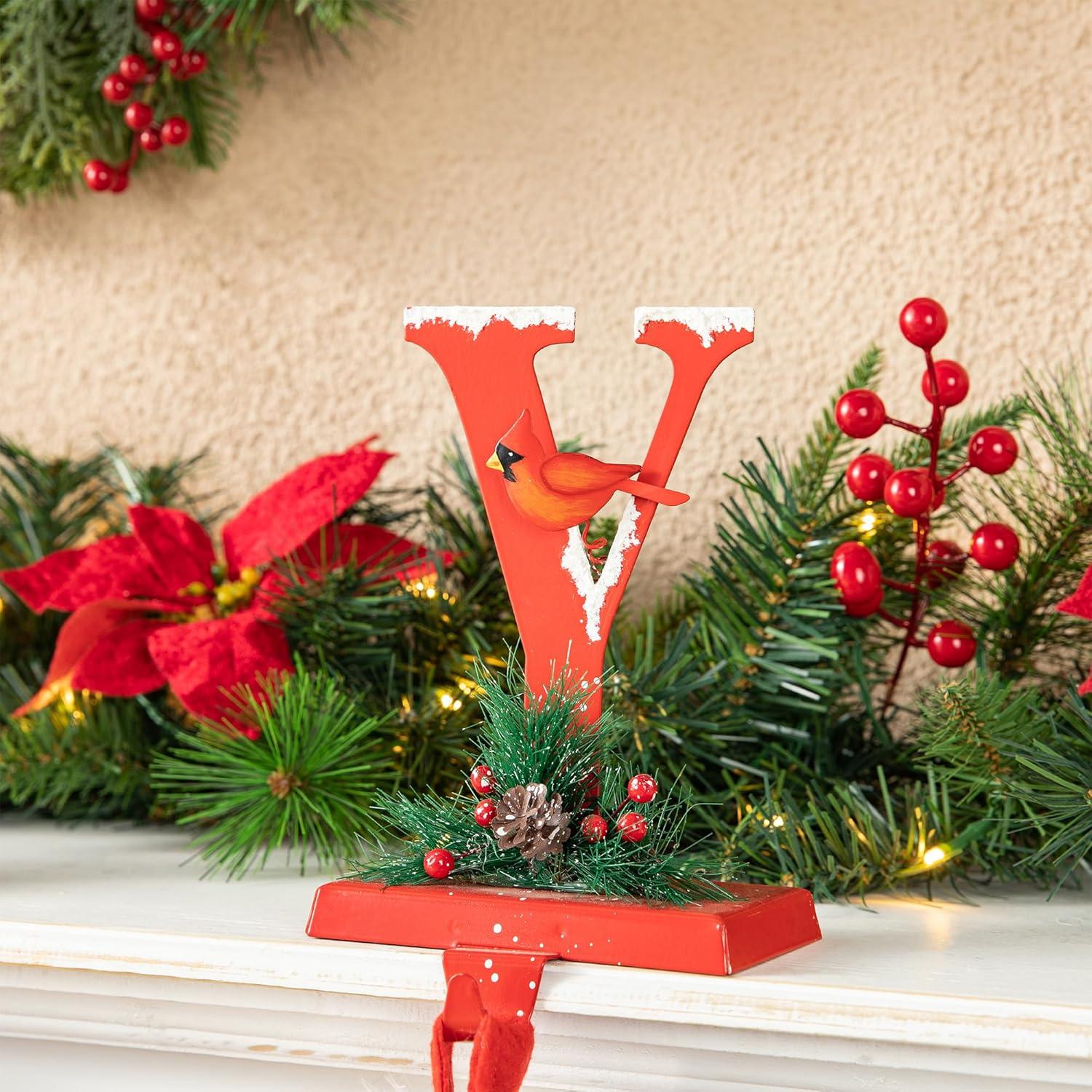 Red Metal JOY Christmas Stocking Holders with Cardinals