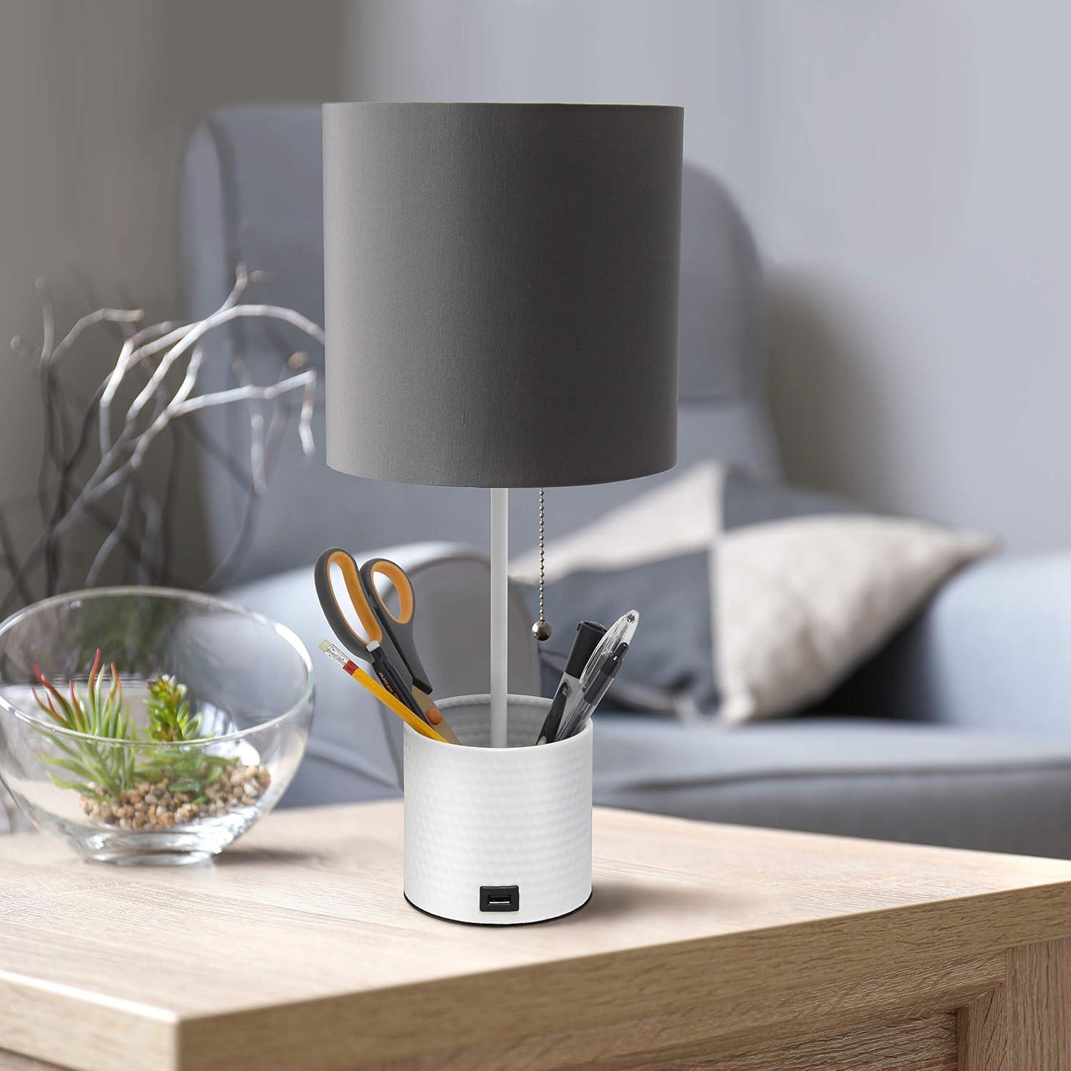 Hammered Metal Organizer Table Lamp with USB Port & Pull Chain - Simple Designs: ETL Listed, No Assembly Required